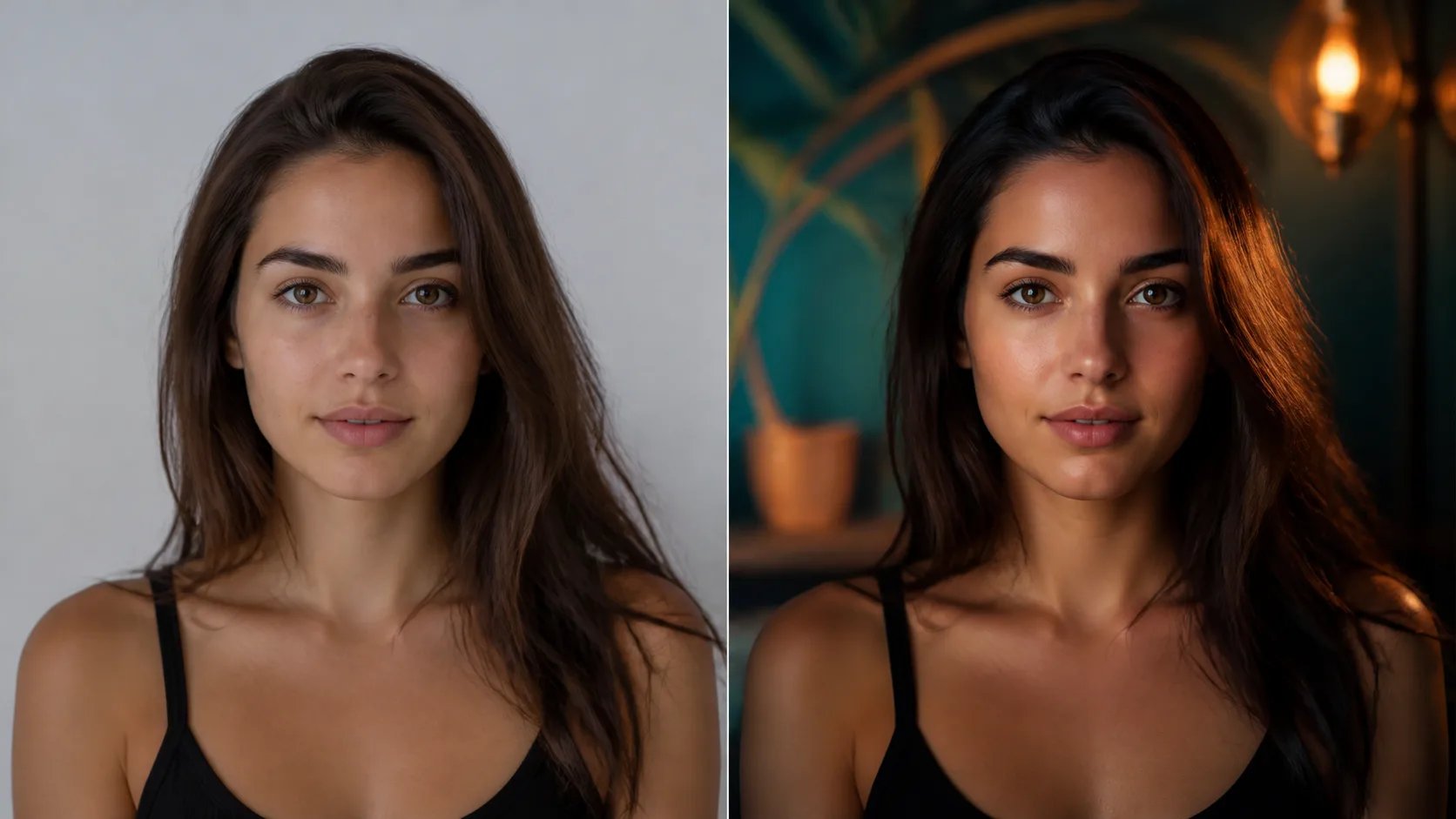 A source photo transformed into a restyled version by AI