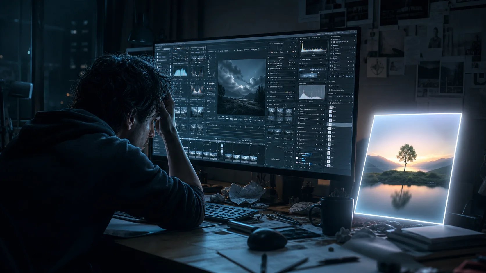 A person overwhelmed by a complex manual photo editor beside a single photo