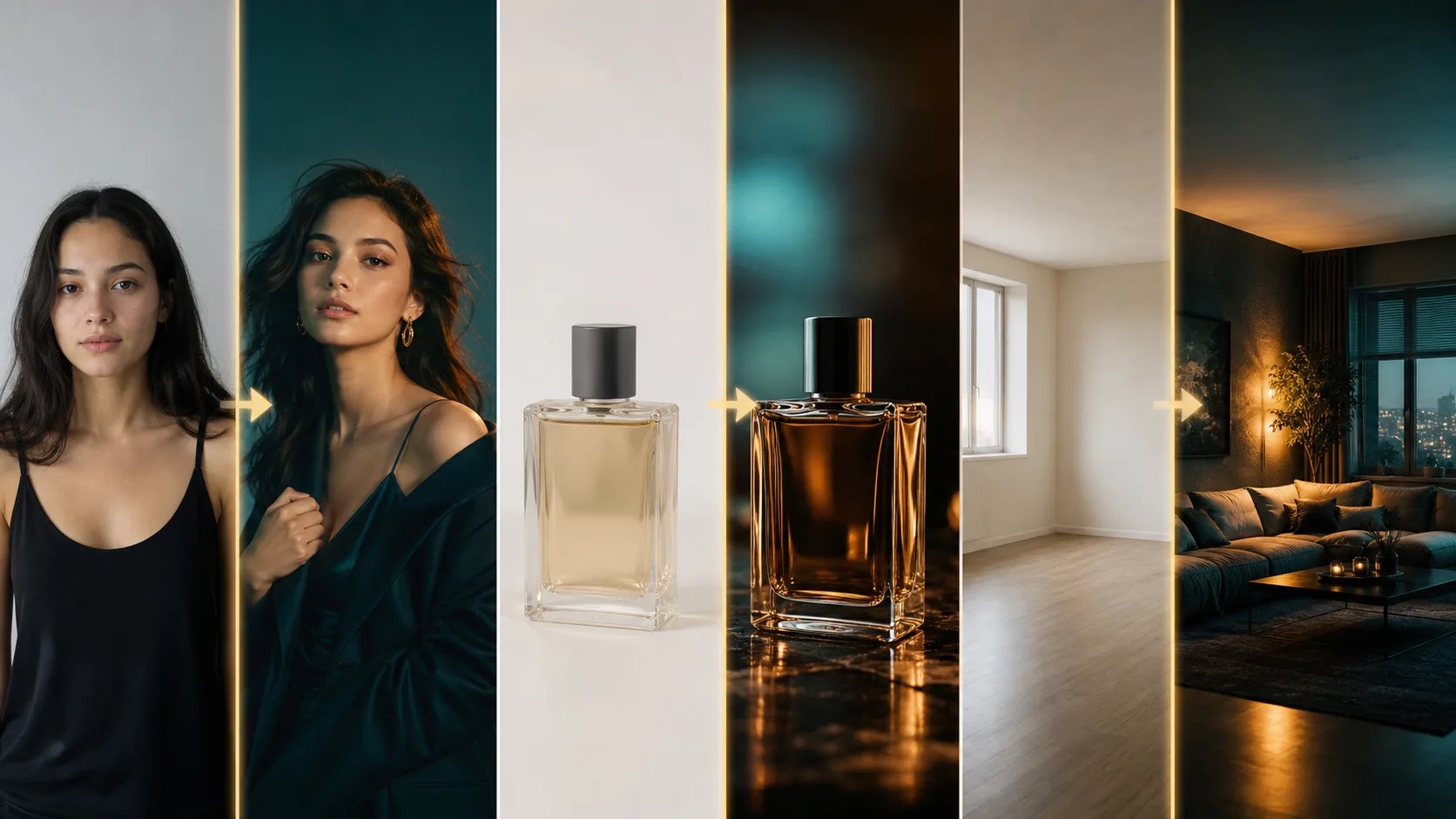 Three before-and-after image-to-image transformations side by side