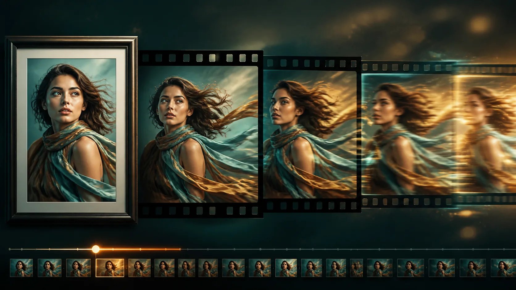 A still portrait photo animating into a video across film frames