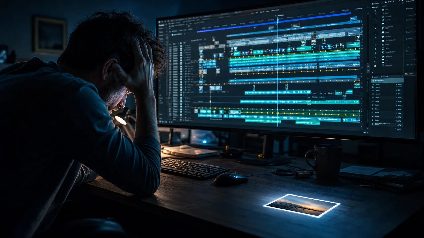 A person overwhelmed by a complex video editing timeline beside a single photo