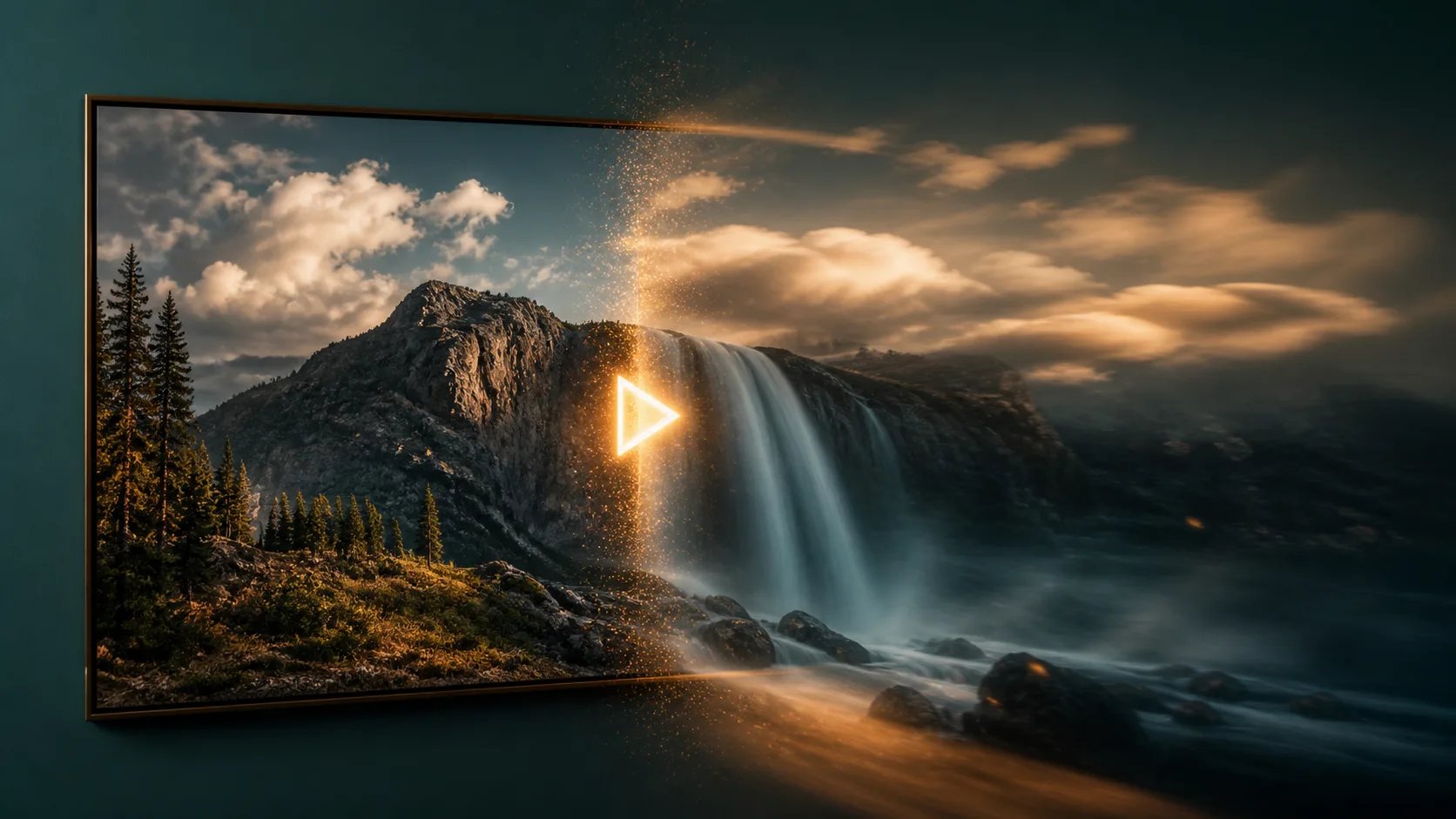 A landscape photo dissolving from a frozen frame into flowing motion