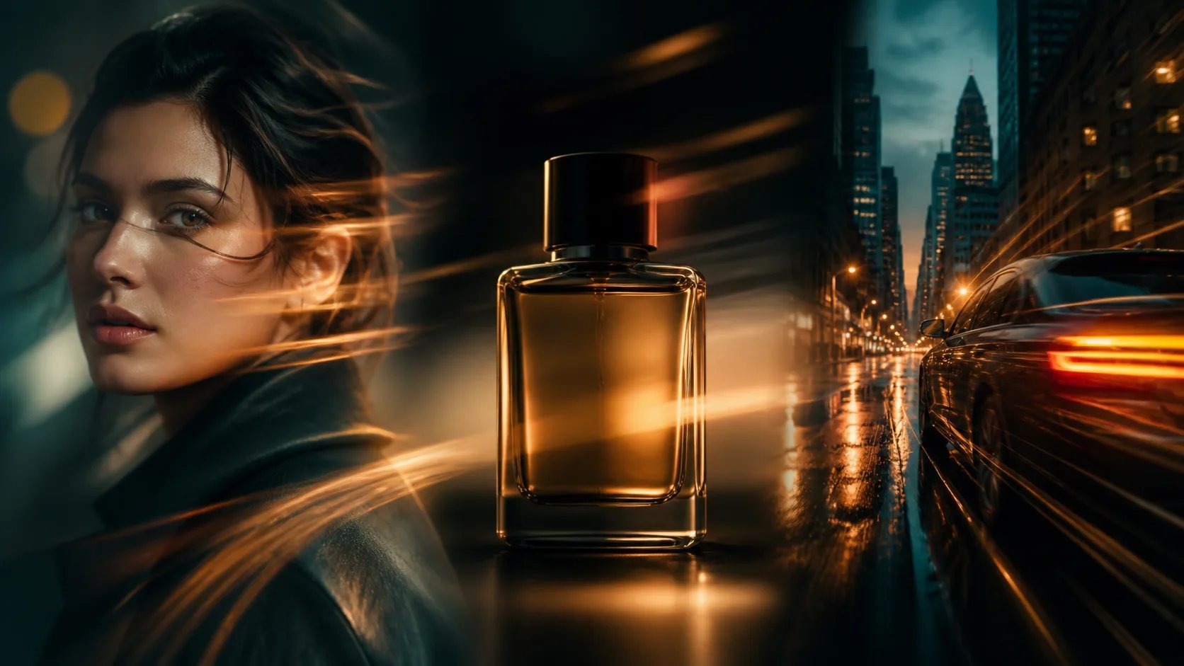 A portrait, a product, and a street scene each animating with motion blur