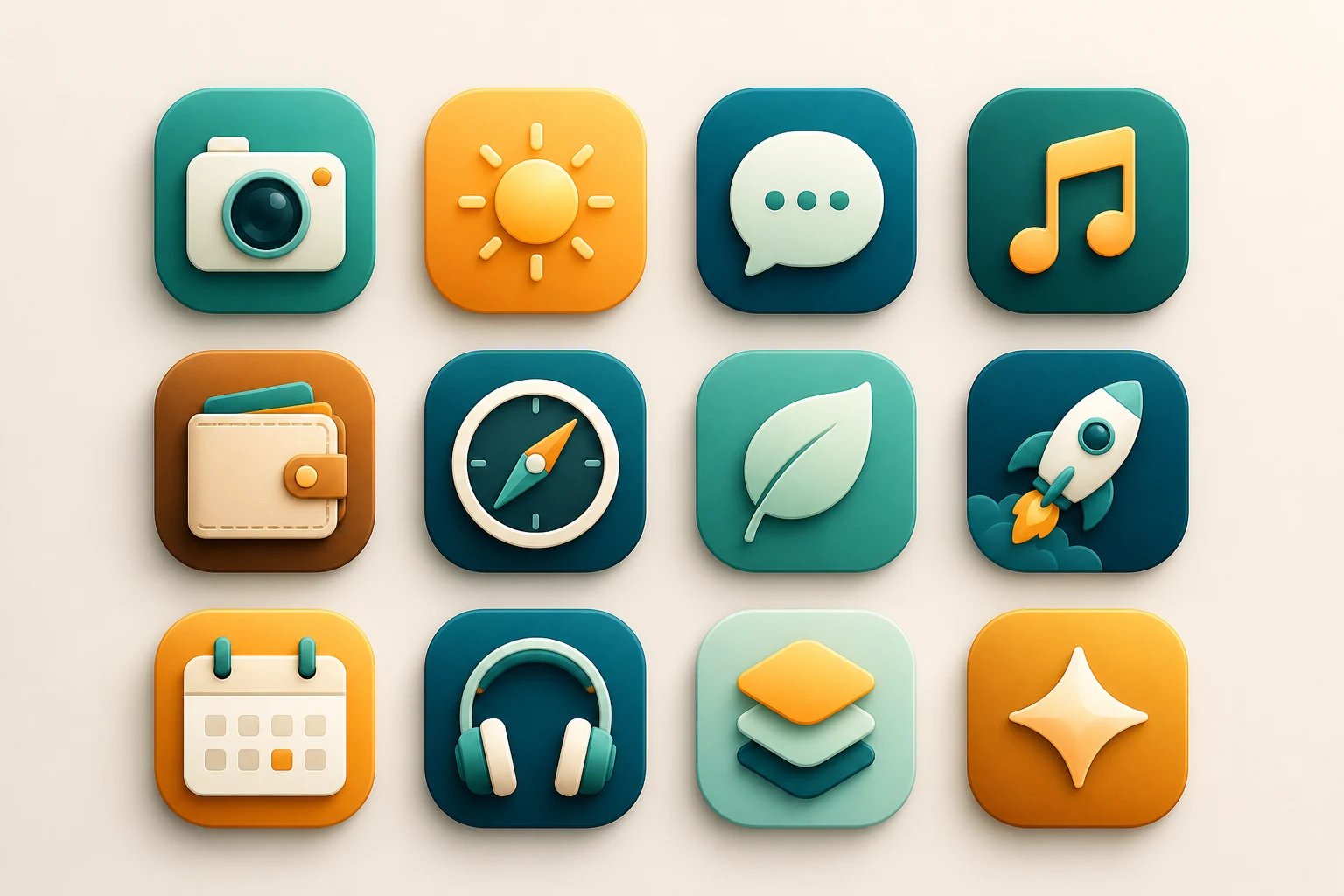 A grid of AI-generated app icons — camera, weather, chat, music, wallet, and more — in a cohesive modern style