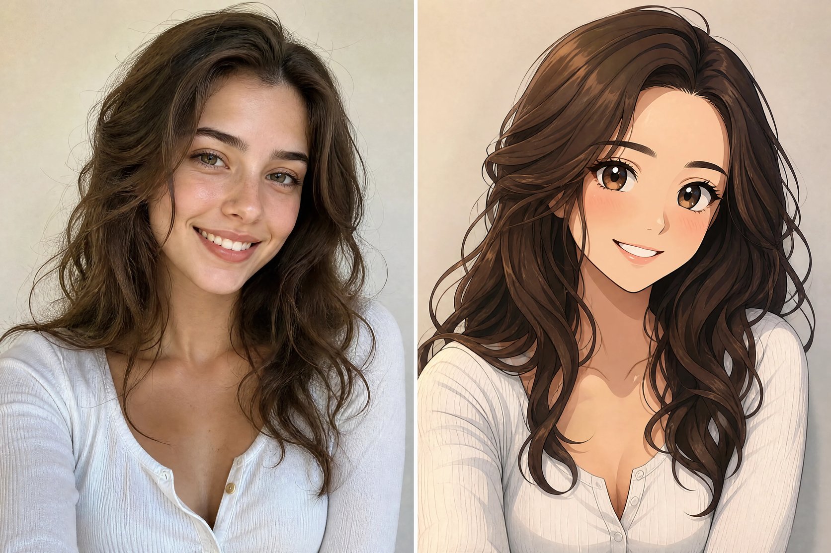 A photo of a woman turned into four anime styles — modern, street-pop, classic cel, and chibi