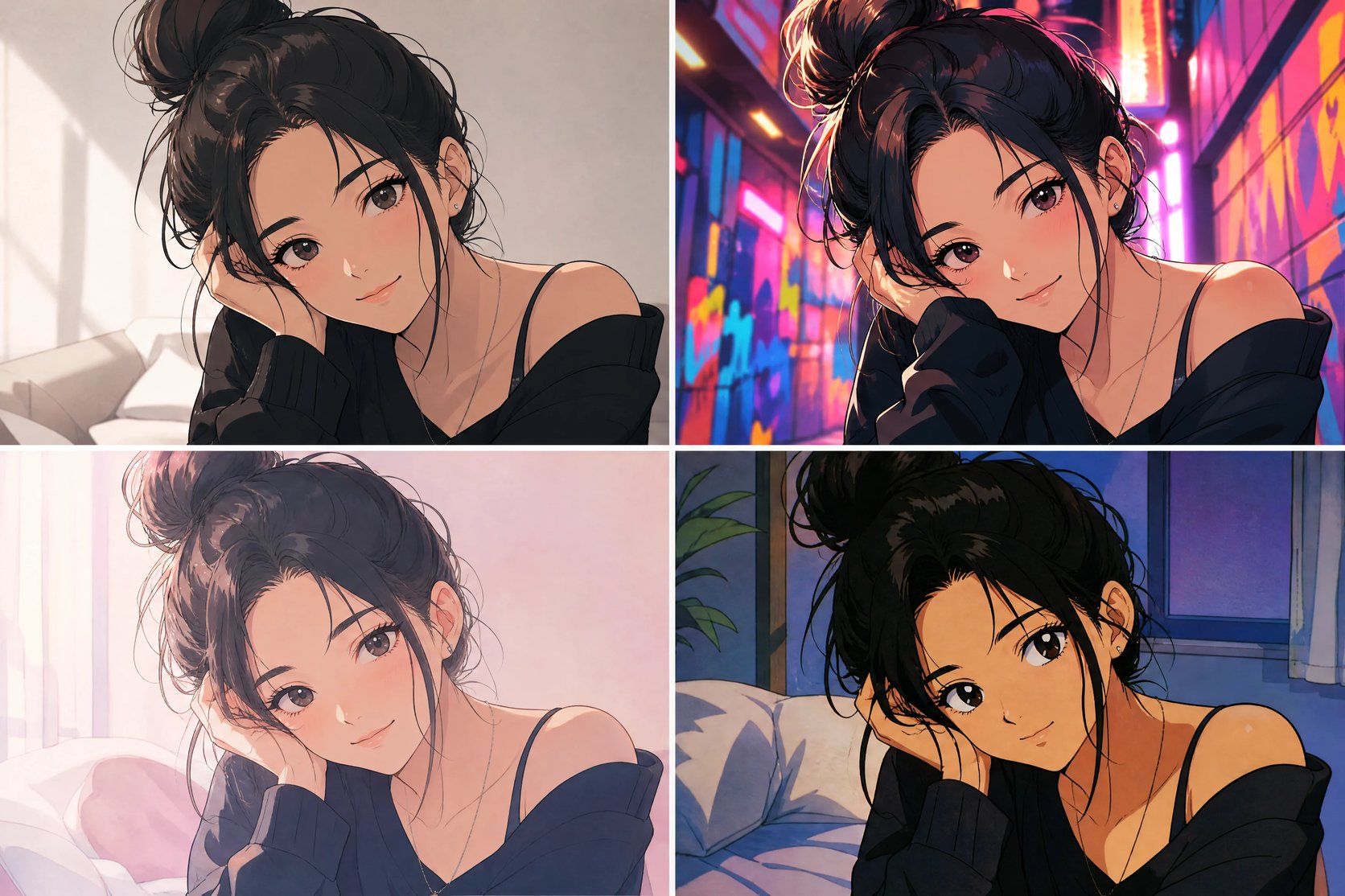 One photo shown converted into four different anime styles