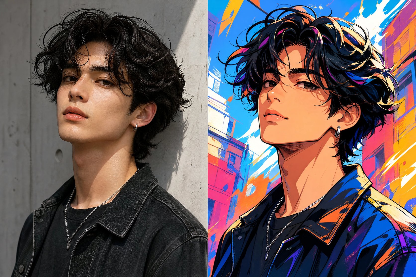 A photo converted into a vibrant street-pop anime illustration