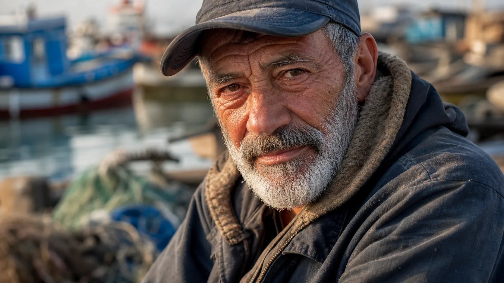A photorealistic portrait of a weathered fisherman generated by the AI photo generator
