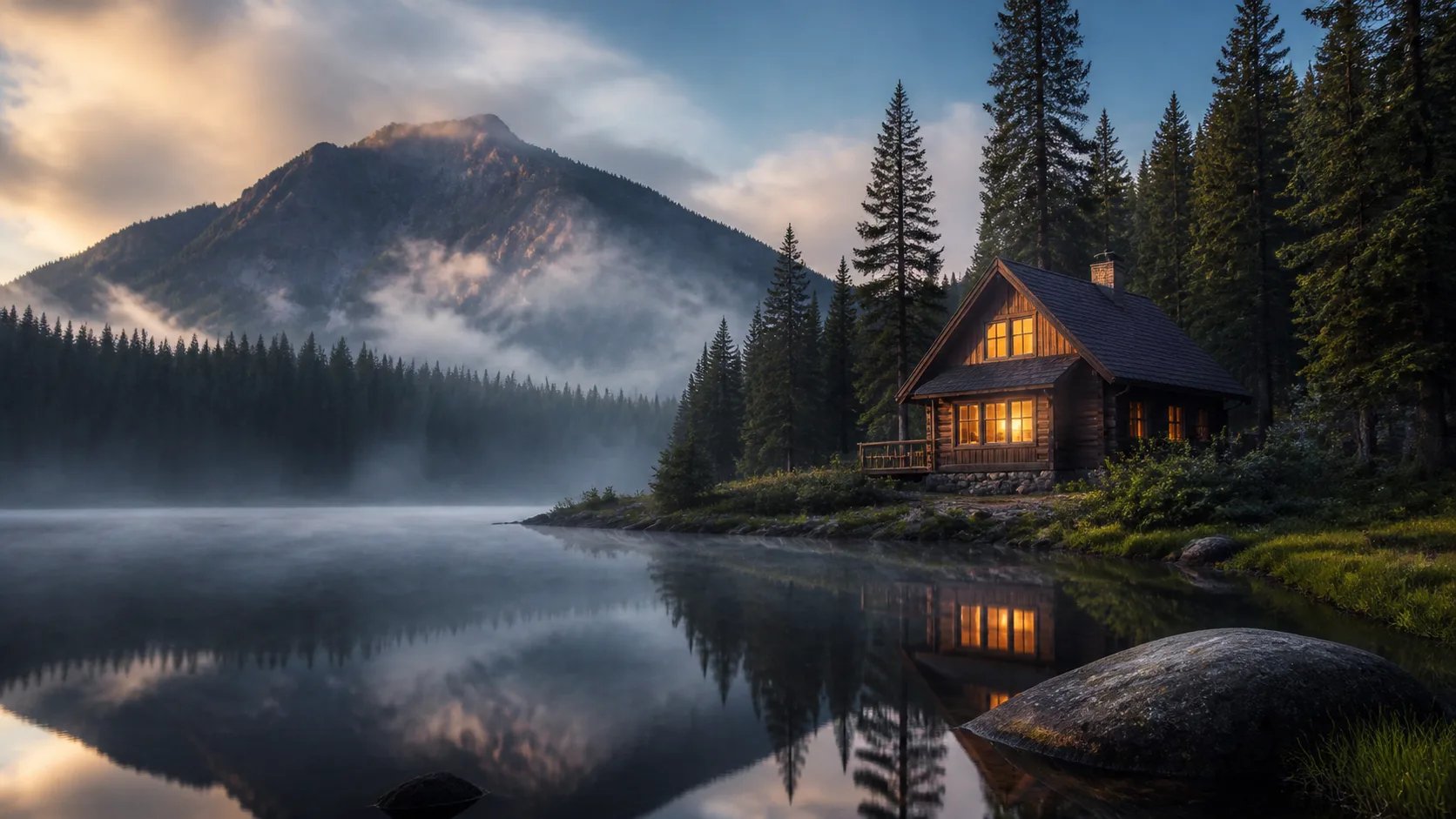 A photorealistic misty mountain cabin at dawn, generated by the AI photo generator