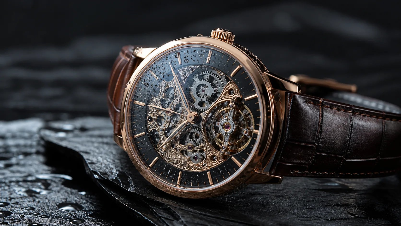 A photorealistic macro of a luxury watch with dramatic light, generated by the AI photo generator