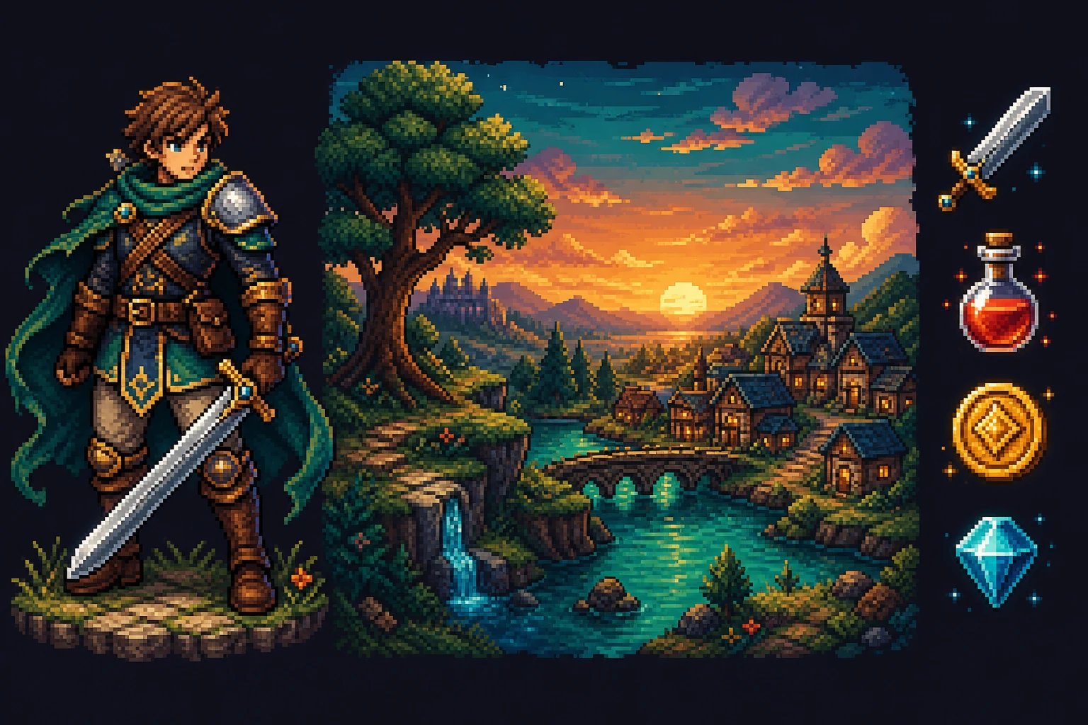 A pixel-art showcase — a hero character sprite, a retro landscape scene, and game item icons