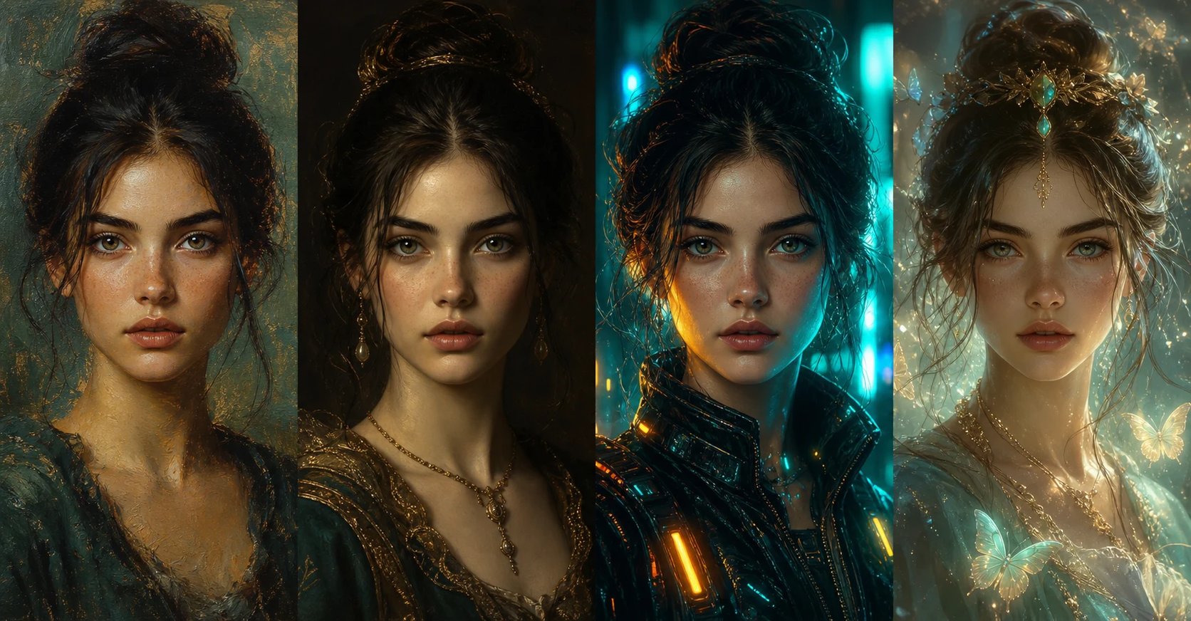 The same face rendered as four AI portraits — oil painting, Renaissance, cyberpunk, and fantasy styles