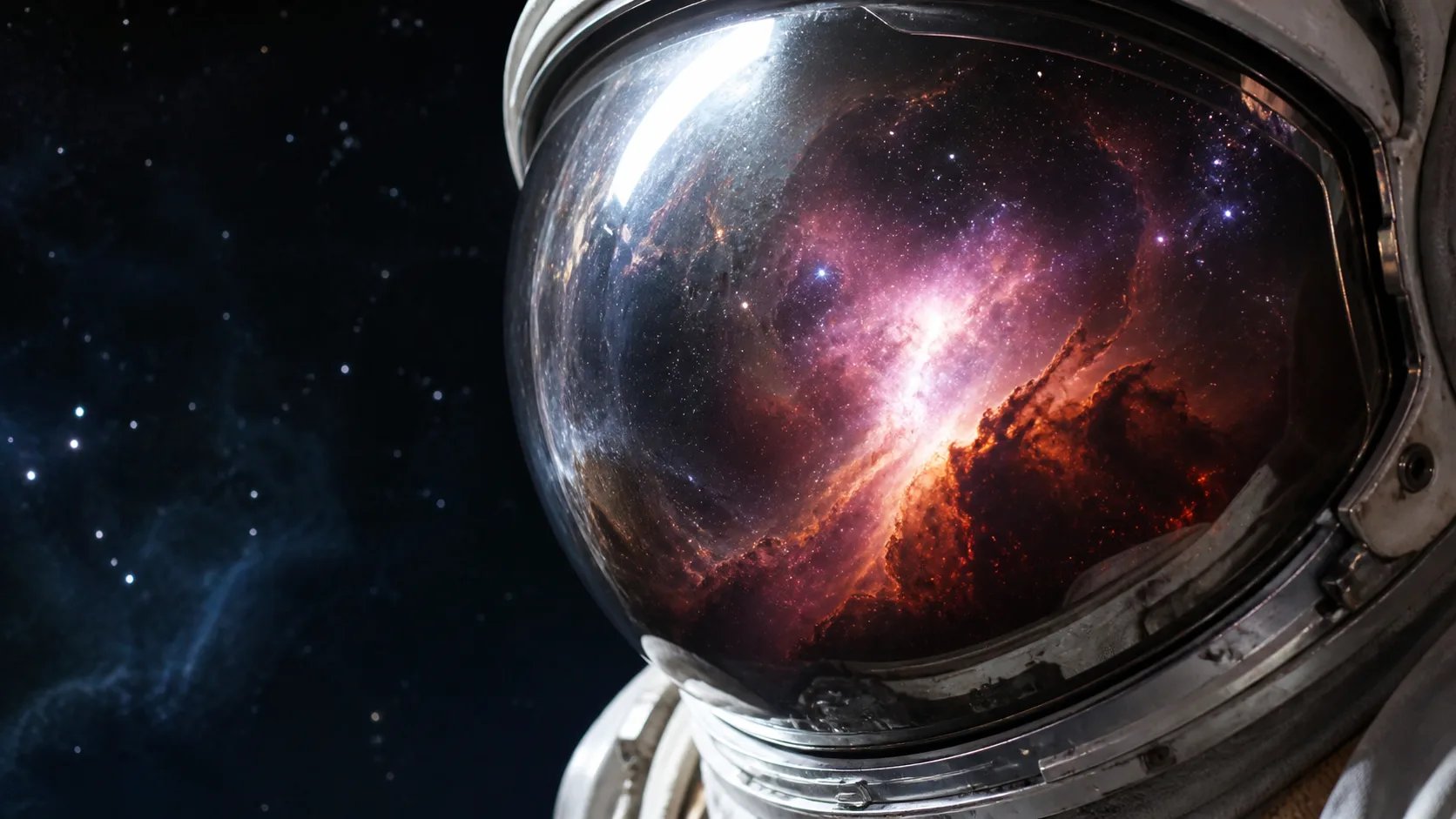 A hyper-realistic astronaut visor reflecting a nebula, from the realistic AI image generator