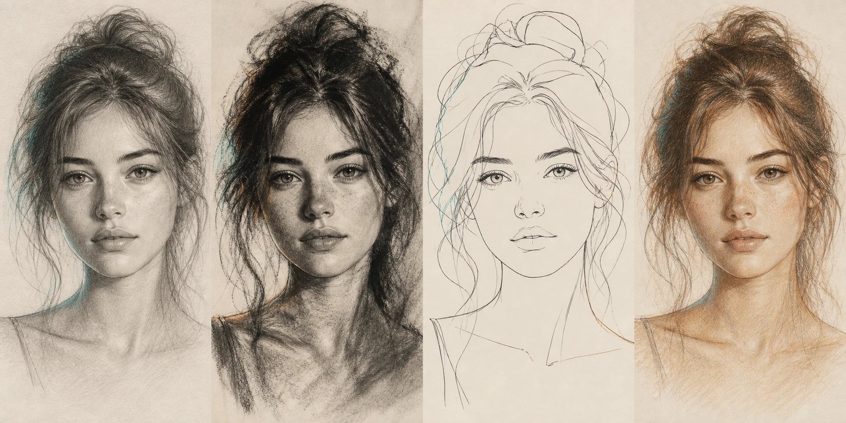 The same face turned into four sketch styles — pencil, charcoal, line art, and colored pencil