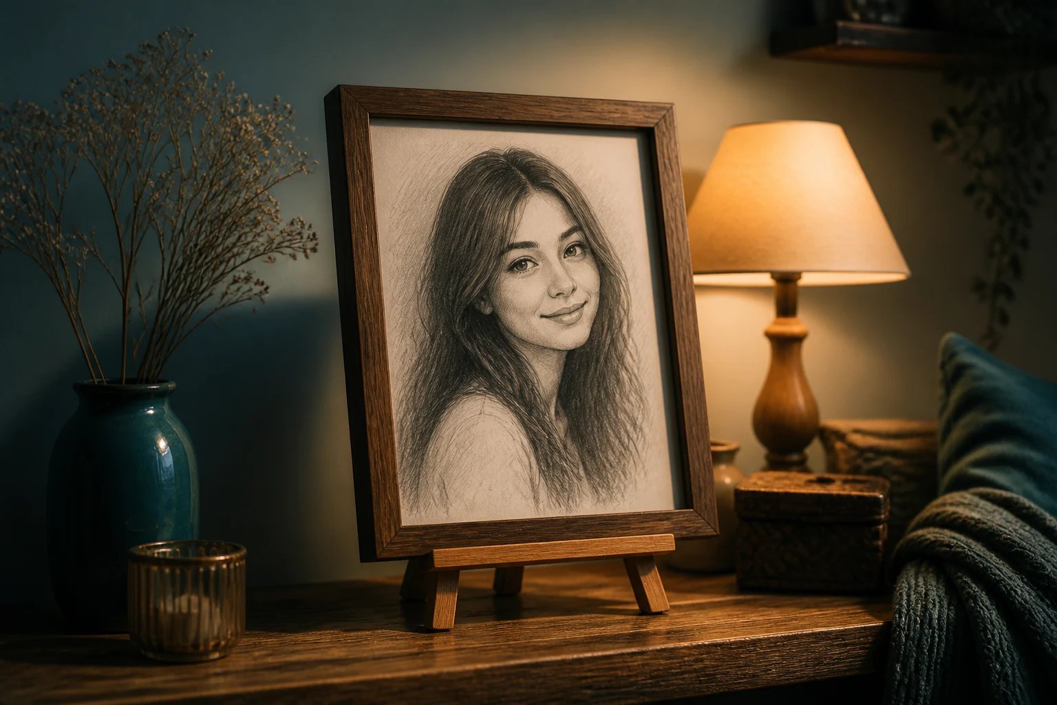 A framed pencil sketch shown as a keepsake gift