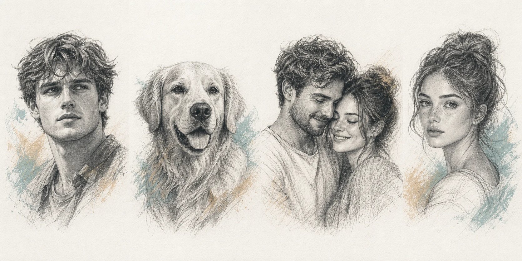 A person, a dog, and a couple each turned into pencil sketches