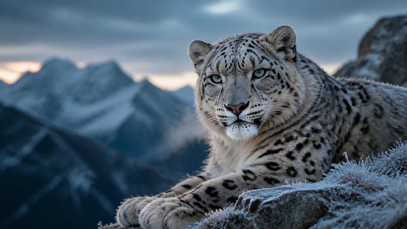 A detailed text to image render of a snow leopard on frost-covered rock at blue hour