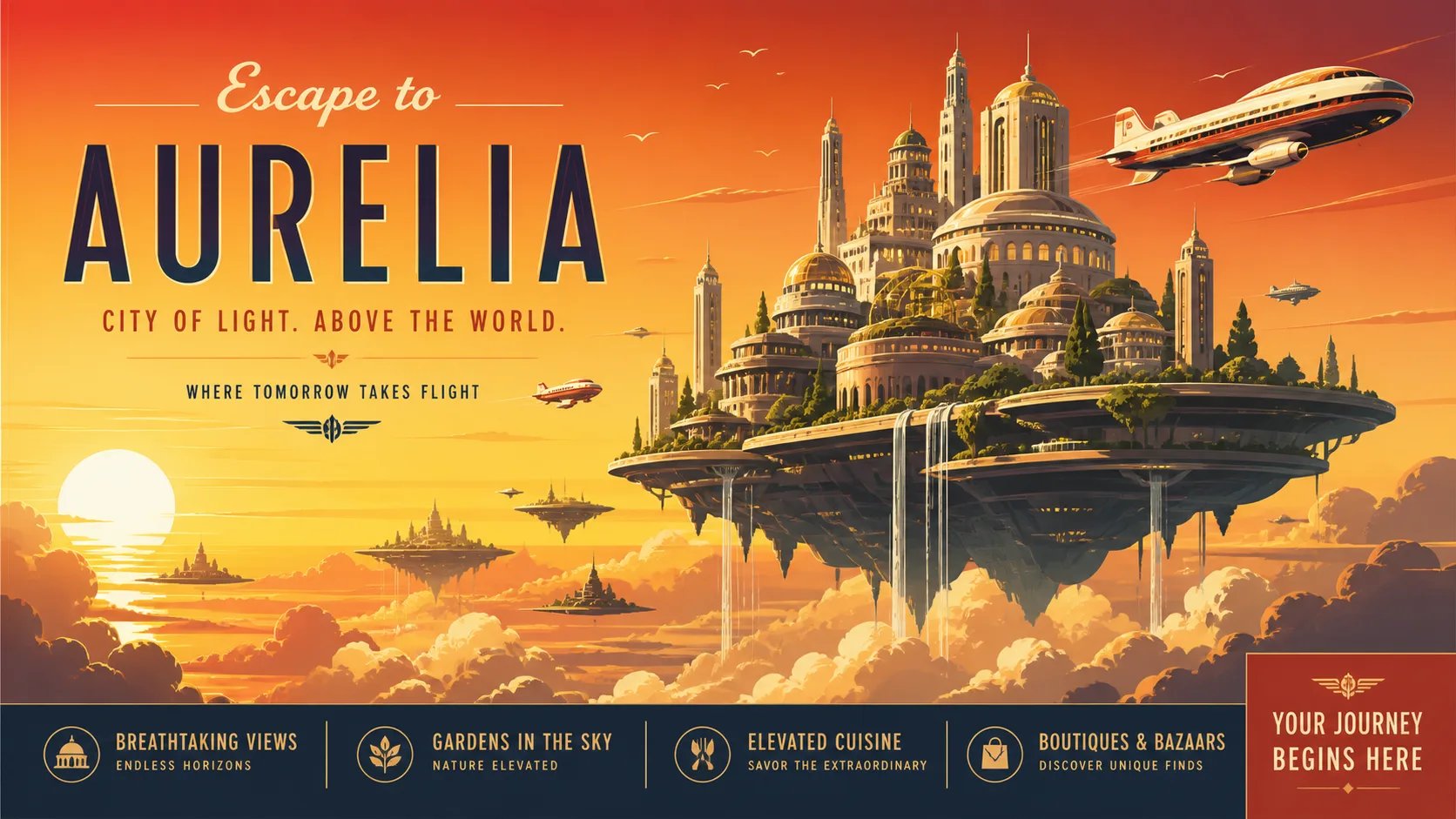 A retro-futurist travel poster generated from a detailed text to image prompt