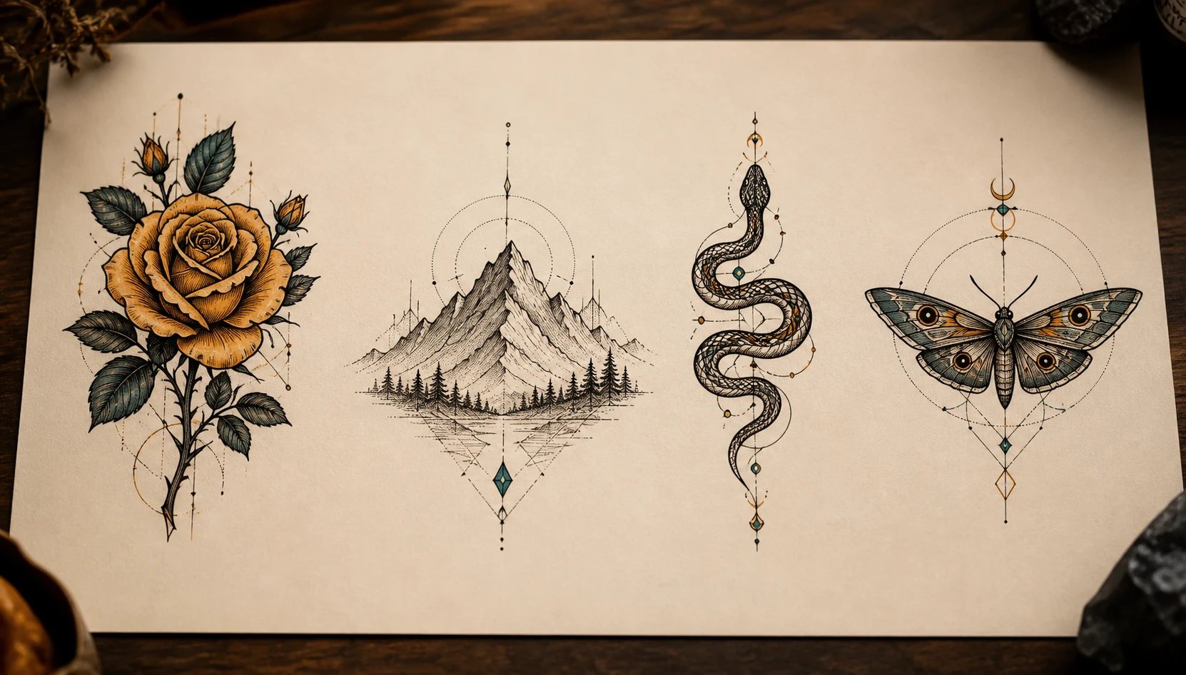 A flash sheet of AI-generated tattoo designs — a neo-traditional rose, a fine-line mountain range, an ornamental snake, and a geometric moth — on ivory paper