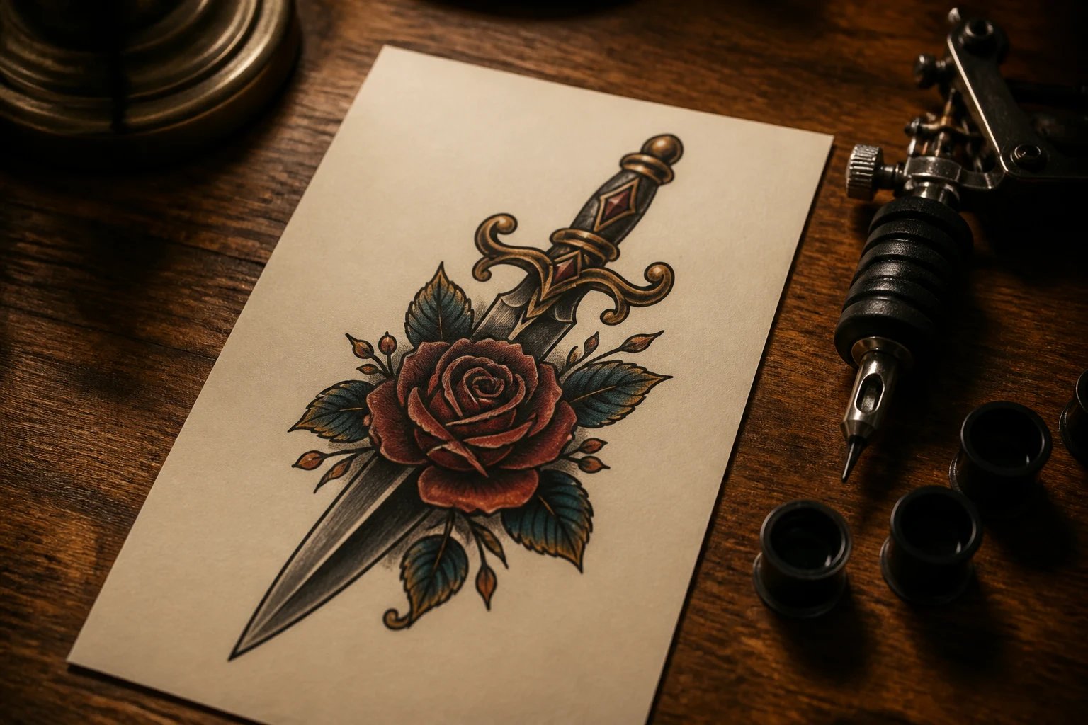 A refined AI-generated tattoo design on paper ready to bring to a tattoo artist