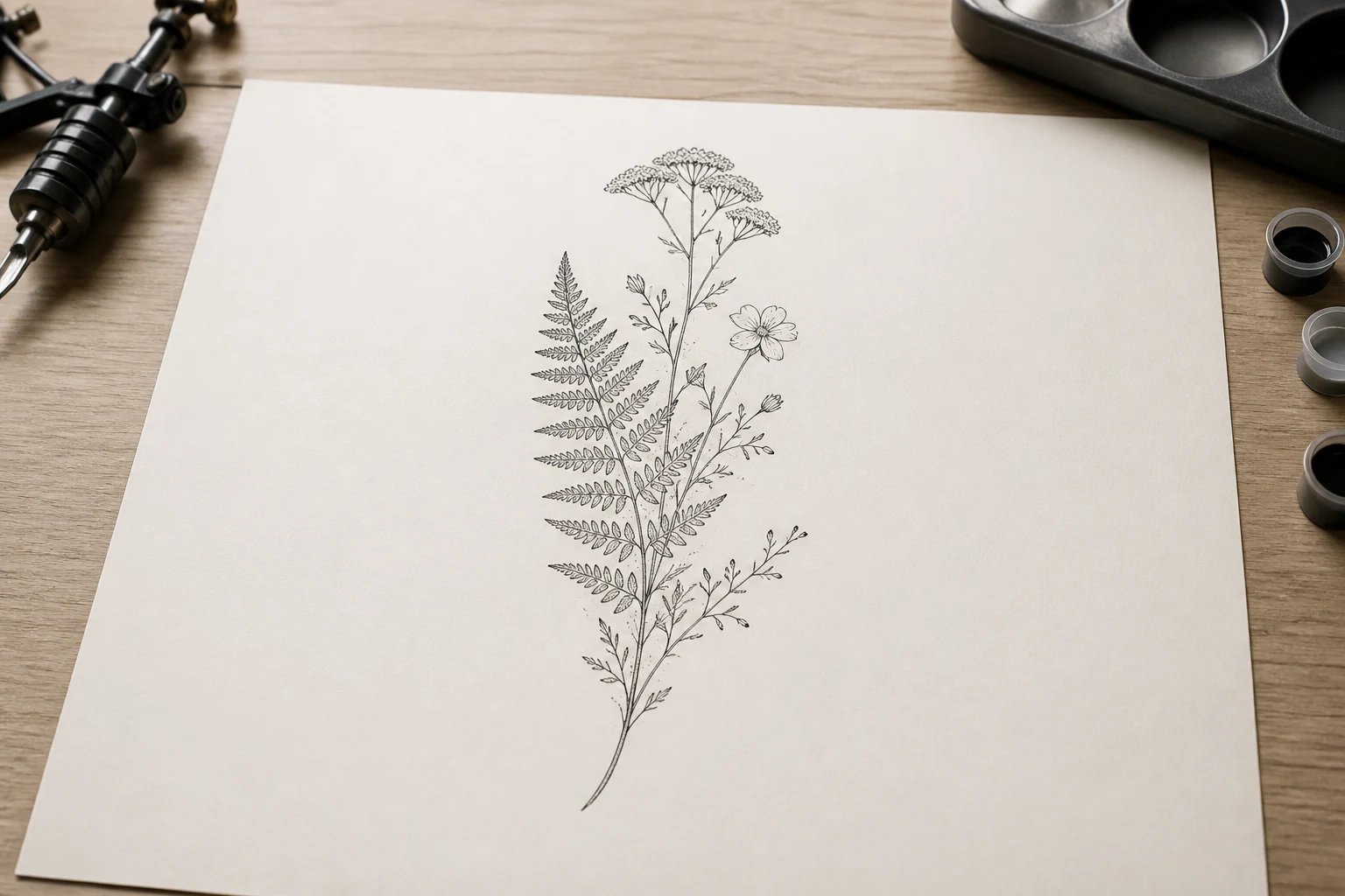 An AI tattoo generator rendering a fine-line botanical design on ivory paper