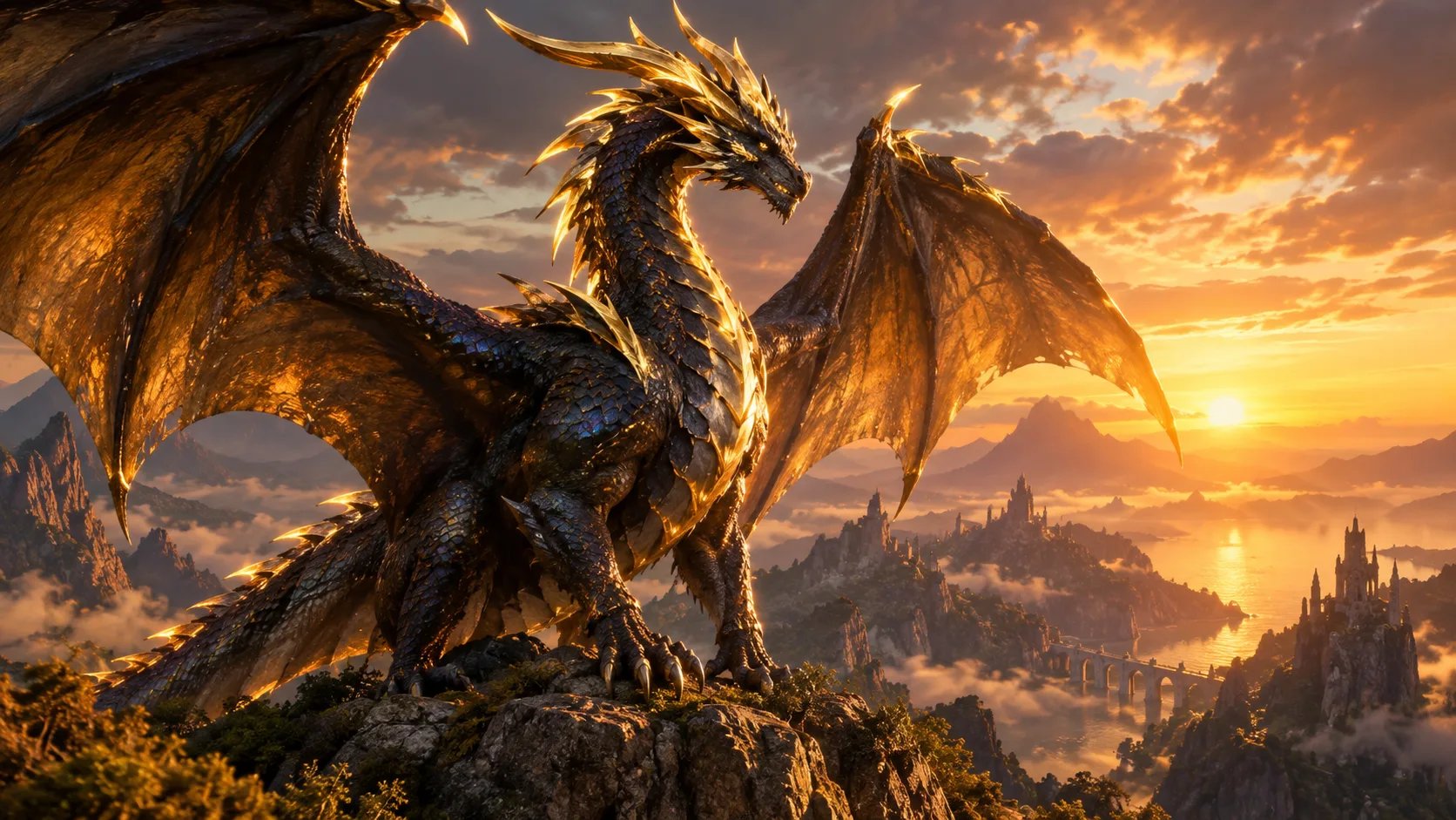 AI-generated majestic colossal mythical dragon with iridescent scales and glowing horns on a cliff peak at sunset