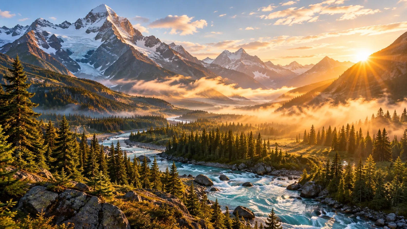 AI Scenery Generator panoramic landscape with alpine mountains, pine valley and golden hour light