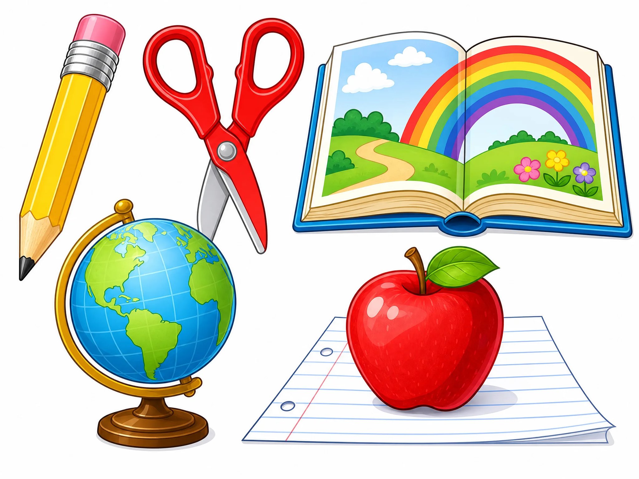 Vibrant classroom educational supplies clipart set on white background