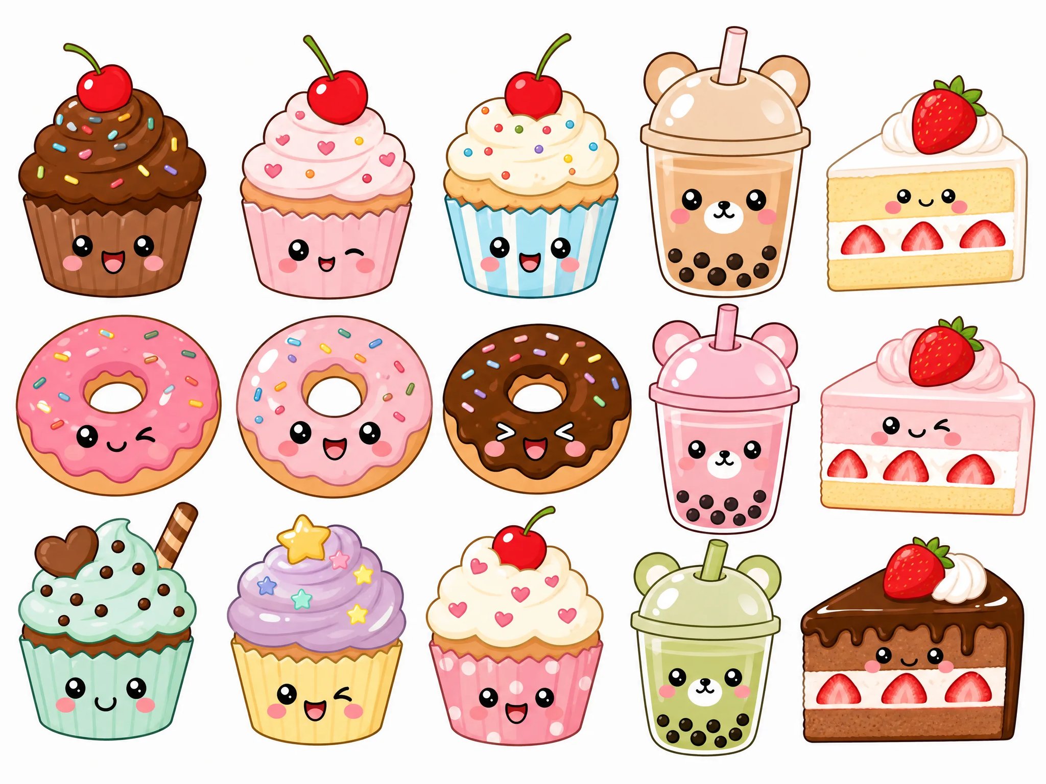 Kawaii bakery sweet dessert clipart icons with clean white background