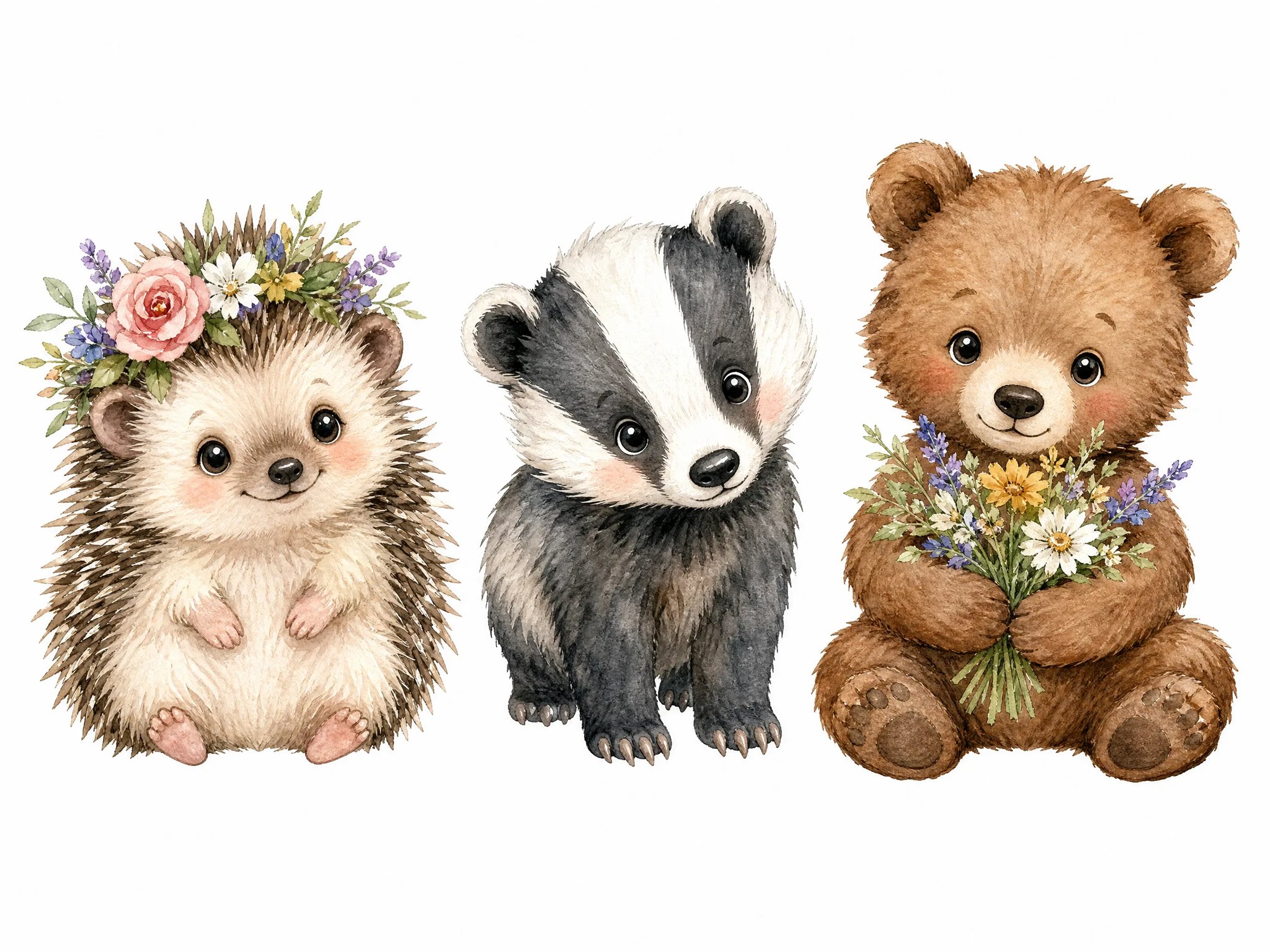 Watercolor baby woodland animals clipart collection with floral wreath