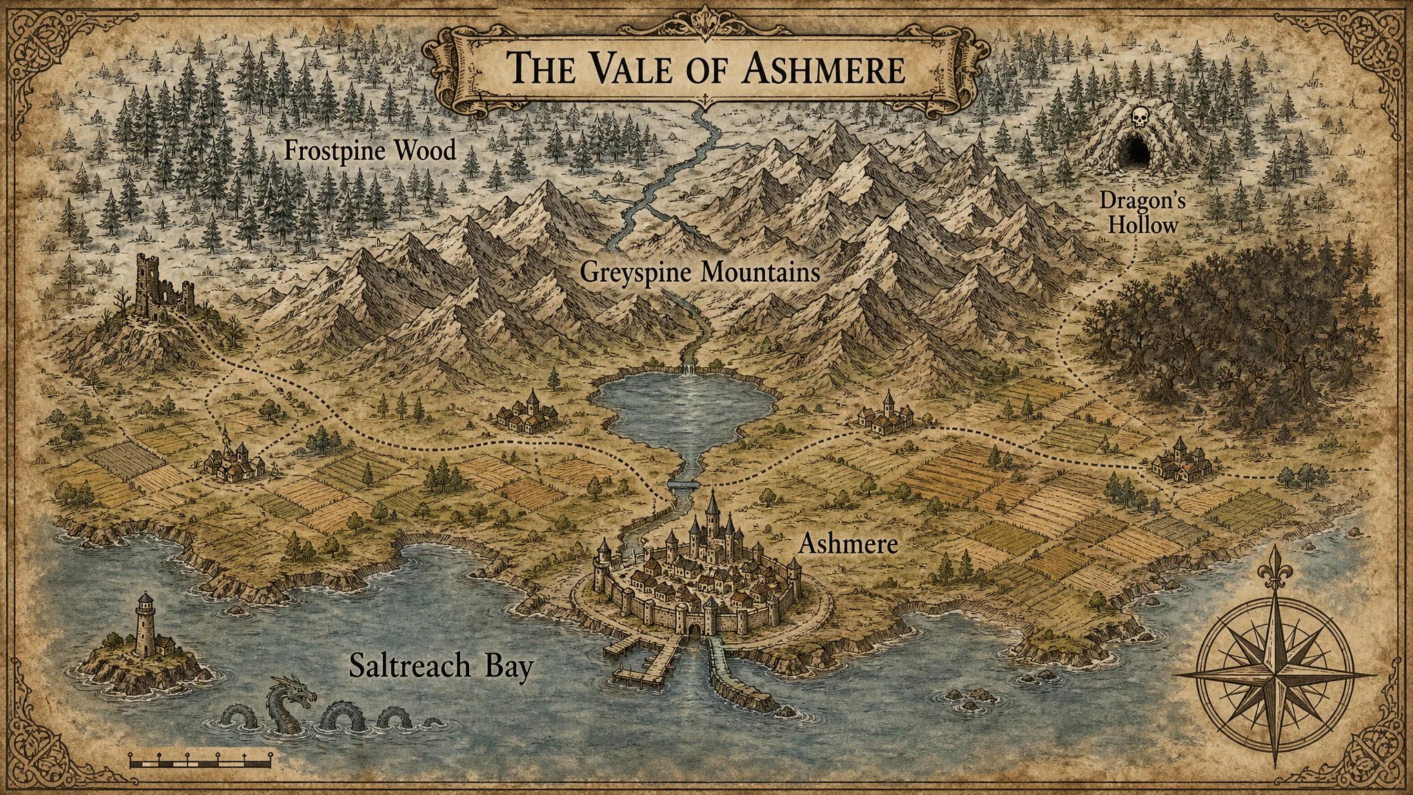 AI-generated parchment fantasy region map titled The Vale of Ashmere with mountains, a lake, a walled city, villages, a dragon lair and a compass rose