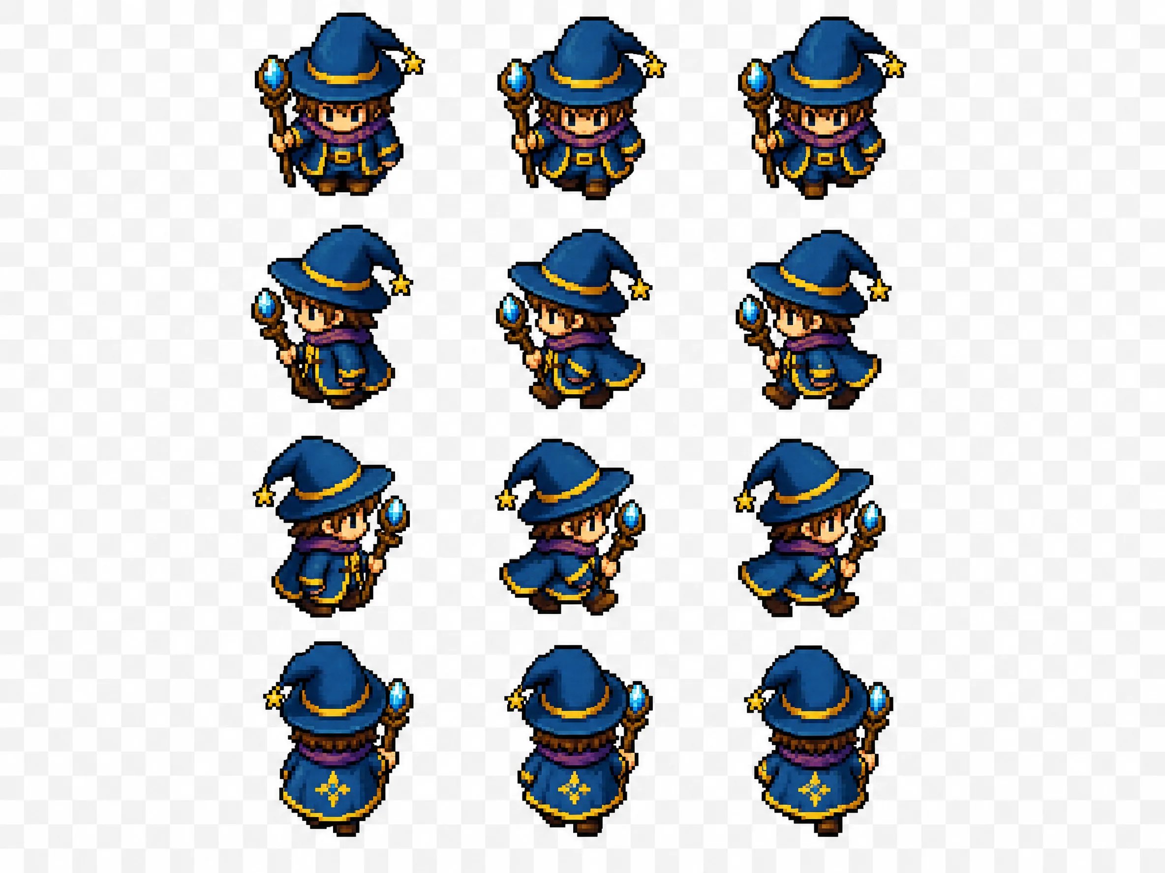 Top-down retro RPG pixel art wizard character 4-direction walk cycle sprite sheet