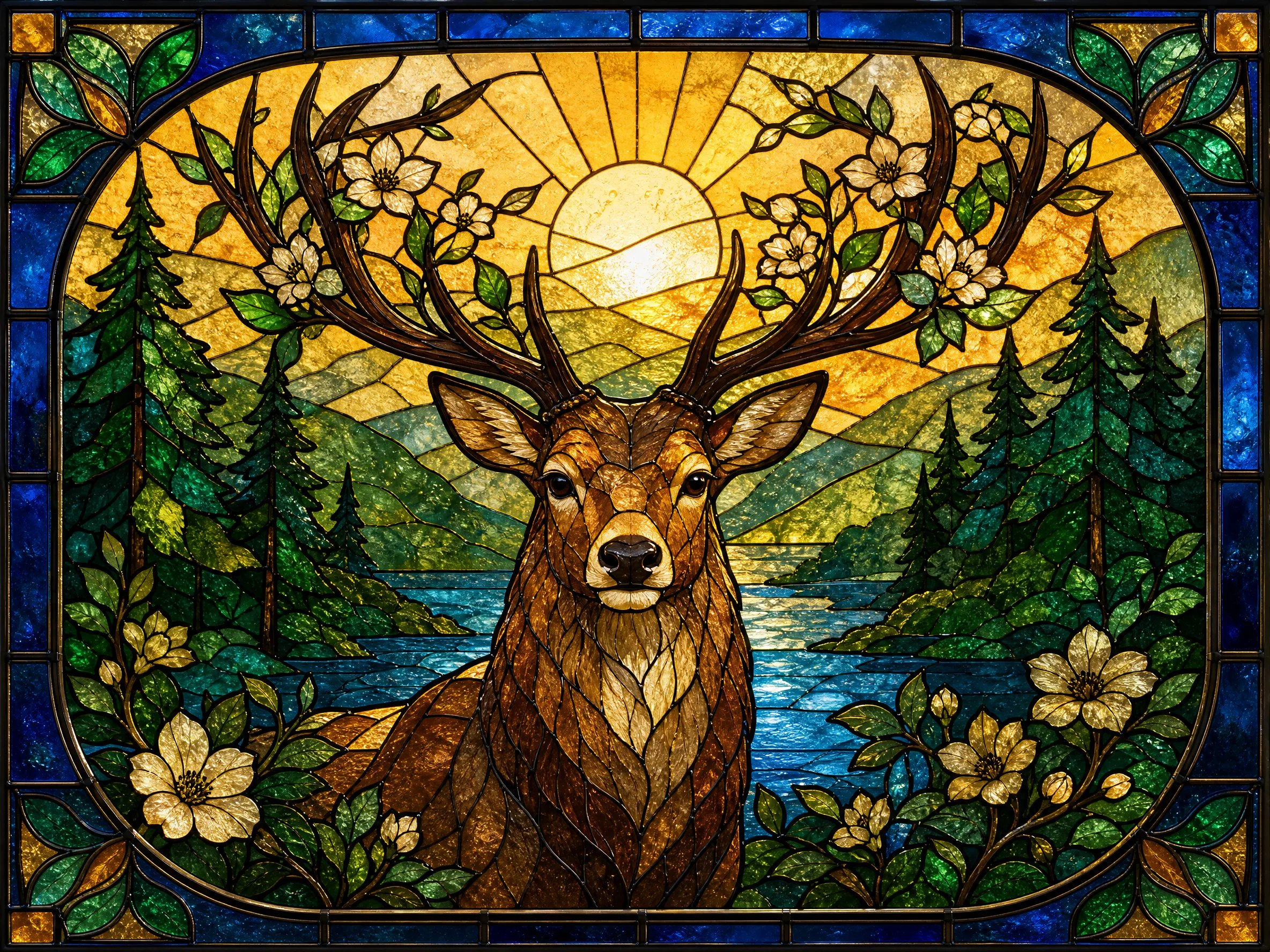 AI generated Gothic cathedral stained glass panel with majestic stag and sacred rose window