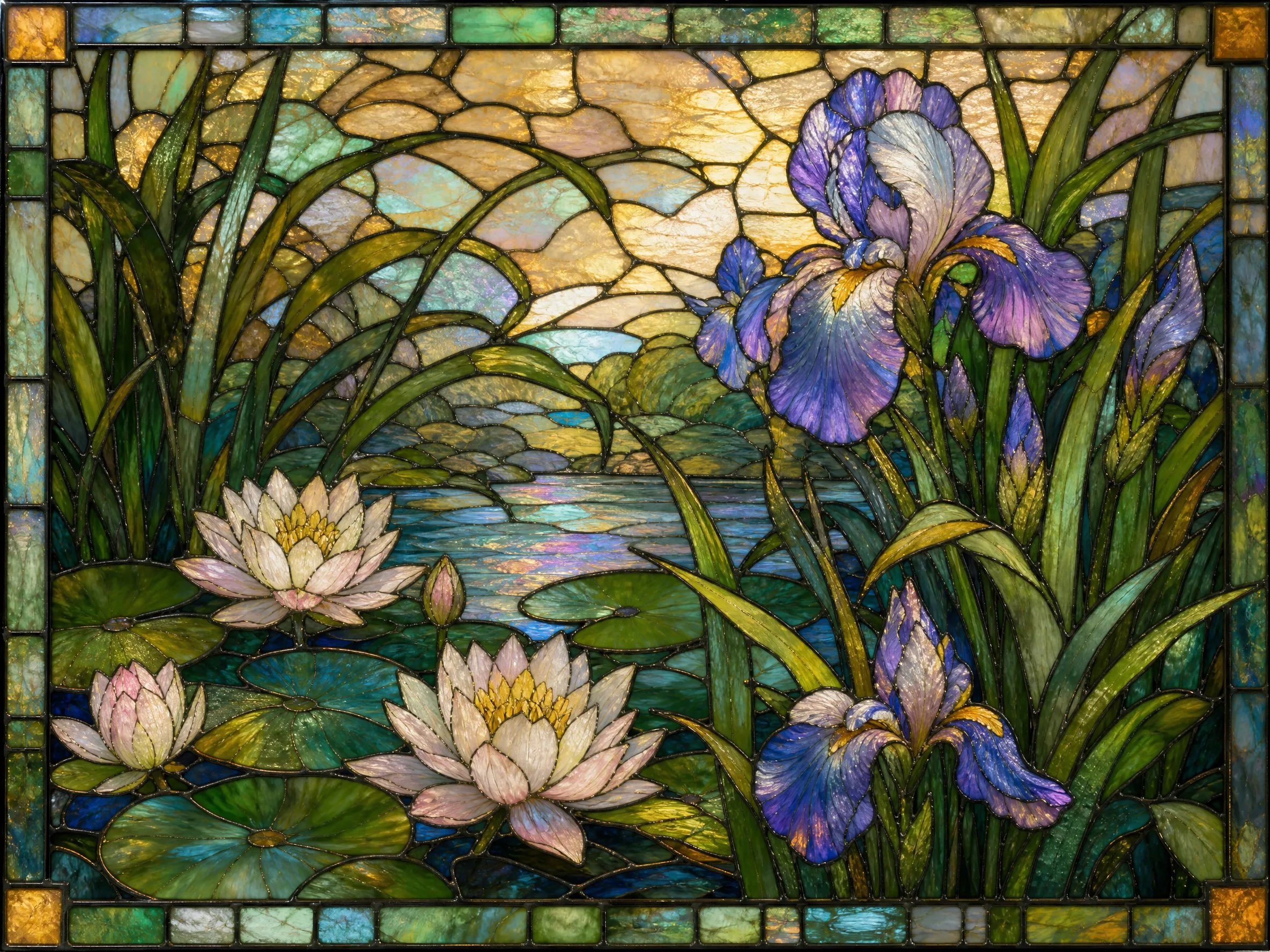 AI generated Tiffany style dragonfly and floral stained glass suncatcher pattern
