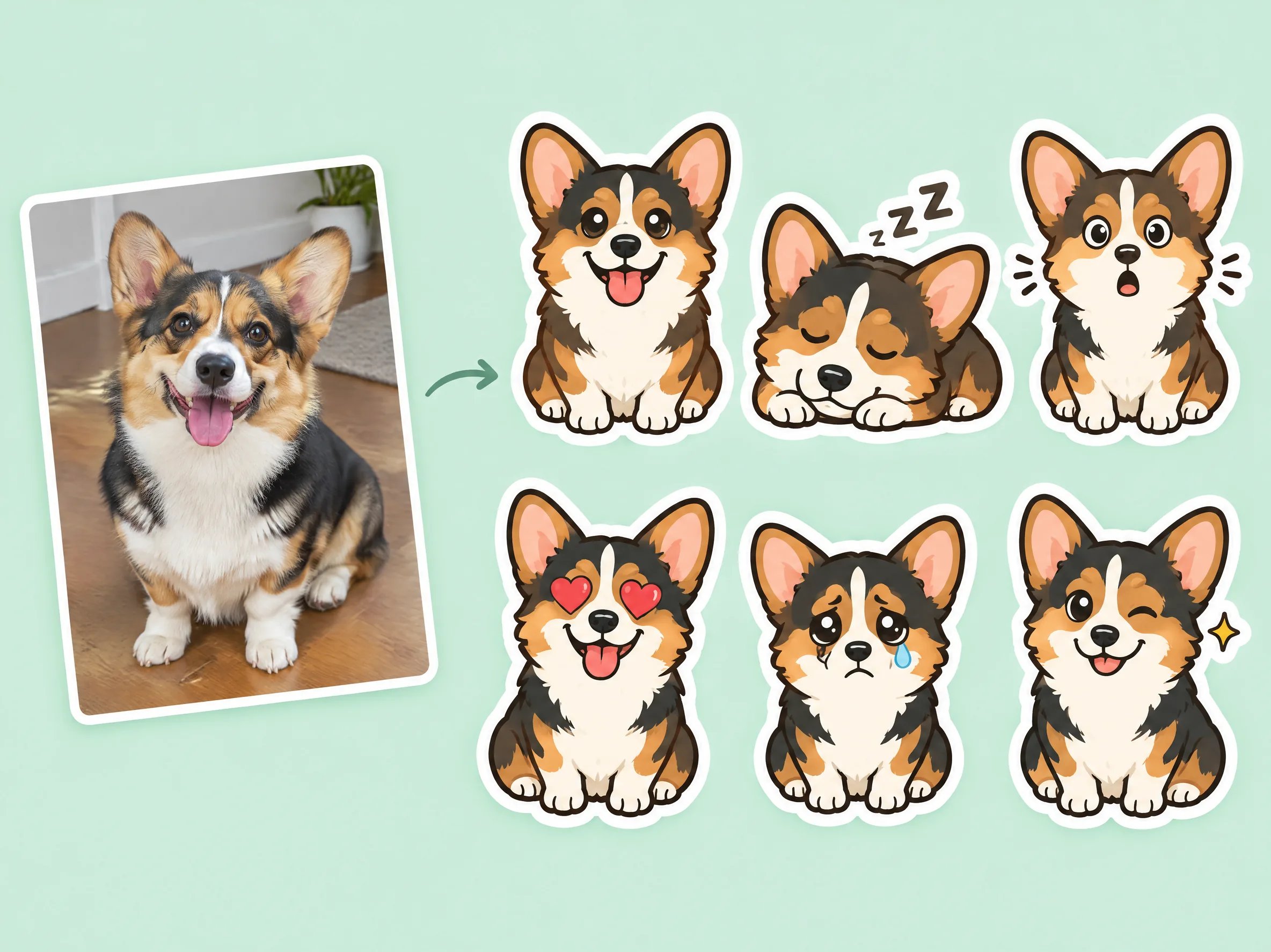 A corgi photo turned into six emoji-style stickers of the same dog with different reactions