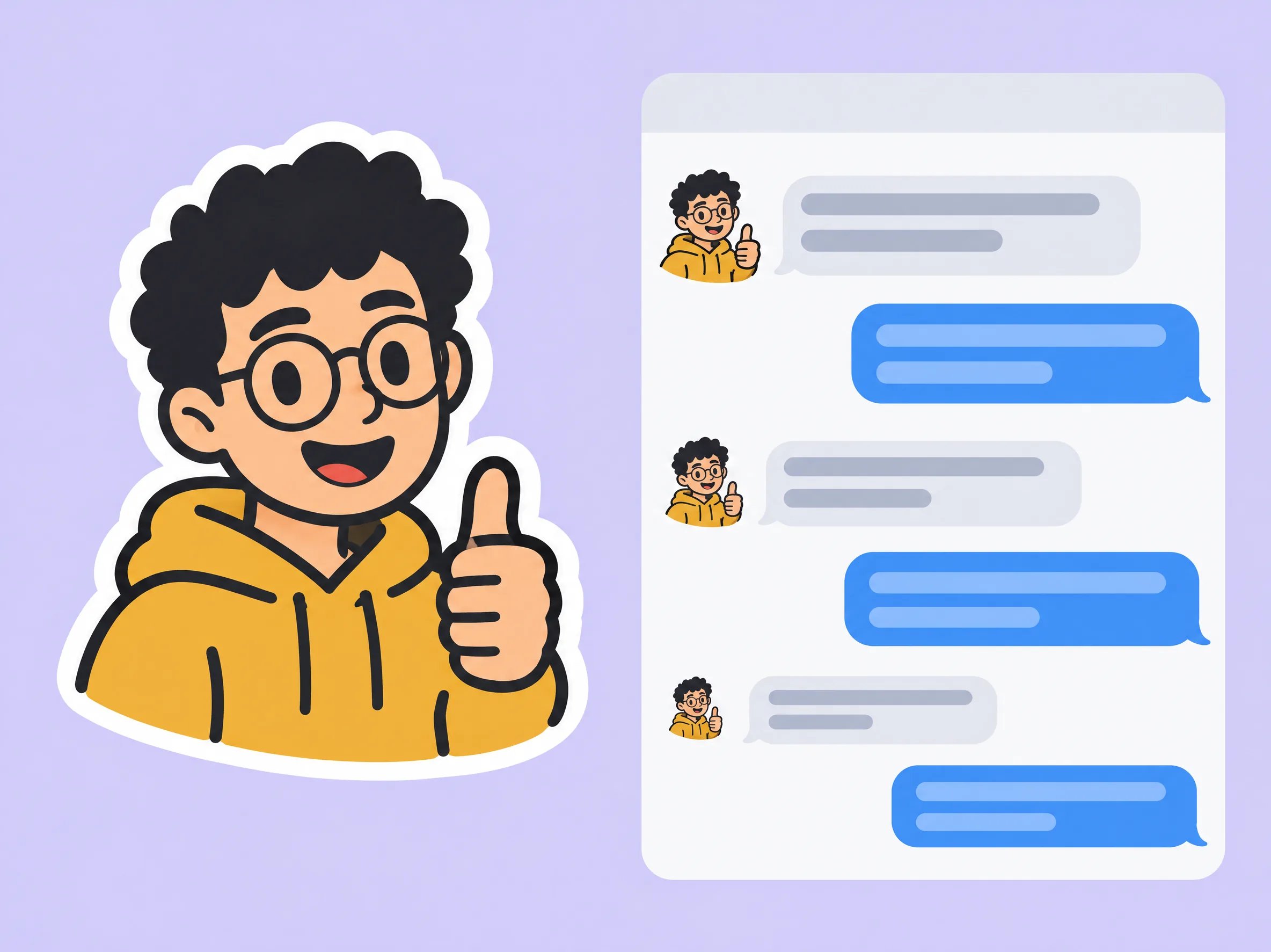 A bold thumbs-up emoji sticker shown large and at small sizes inside a chat window