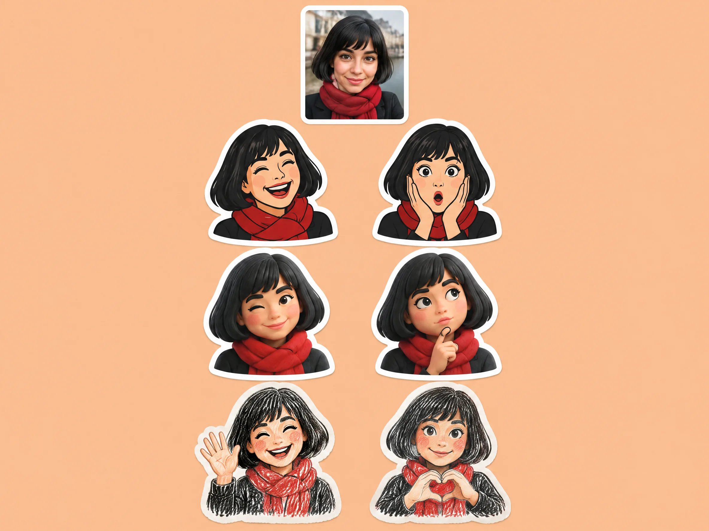 One portrait photo turned into emoji stickers in flat cartoon, 3D and hand-drawn crayon styles