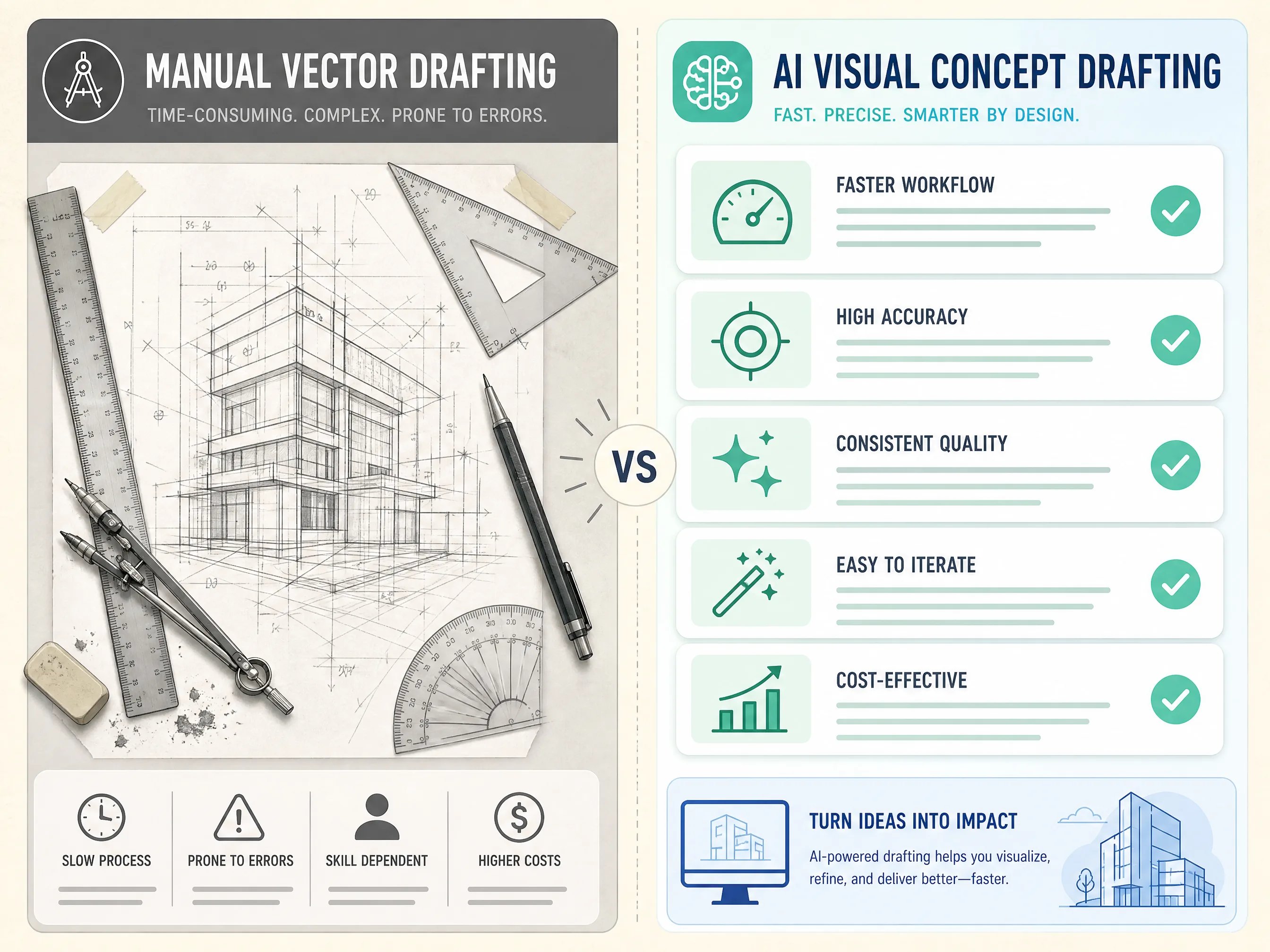 Two-column comparison infographic layout comparing manual vector drafting with AI visual concept generation.