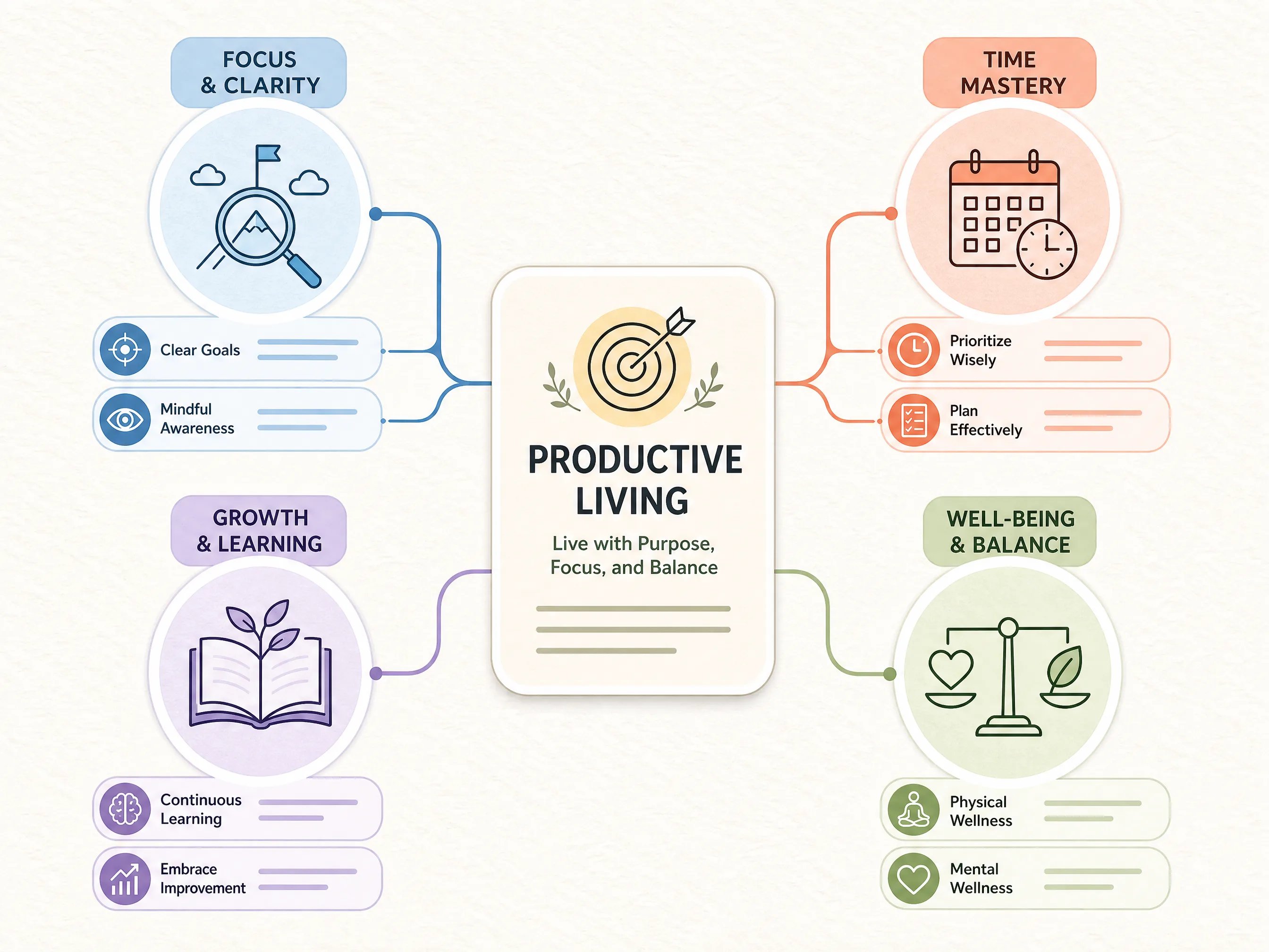 Centered knowledge tree infographic layout with rounded bubble frames and pastel thematic nodes.
