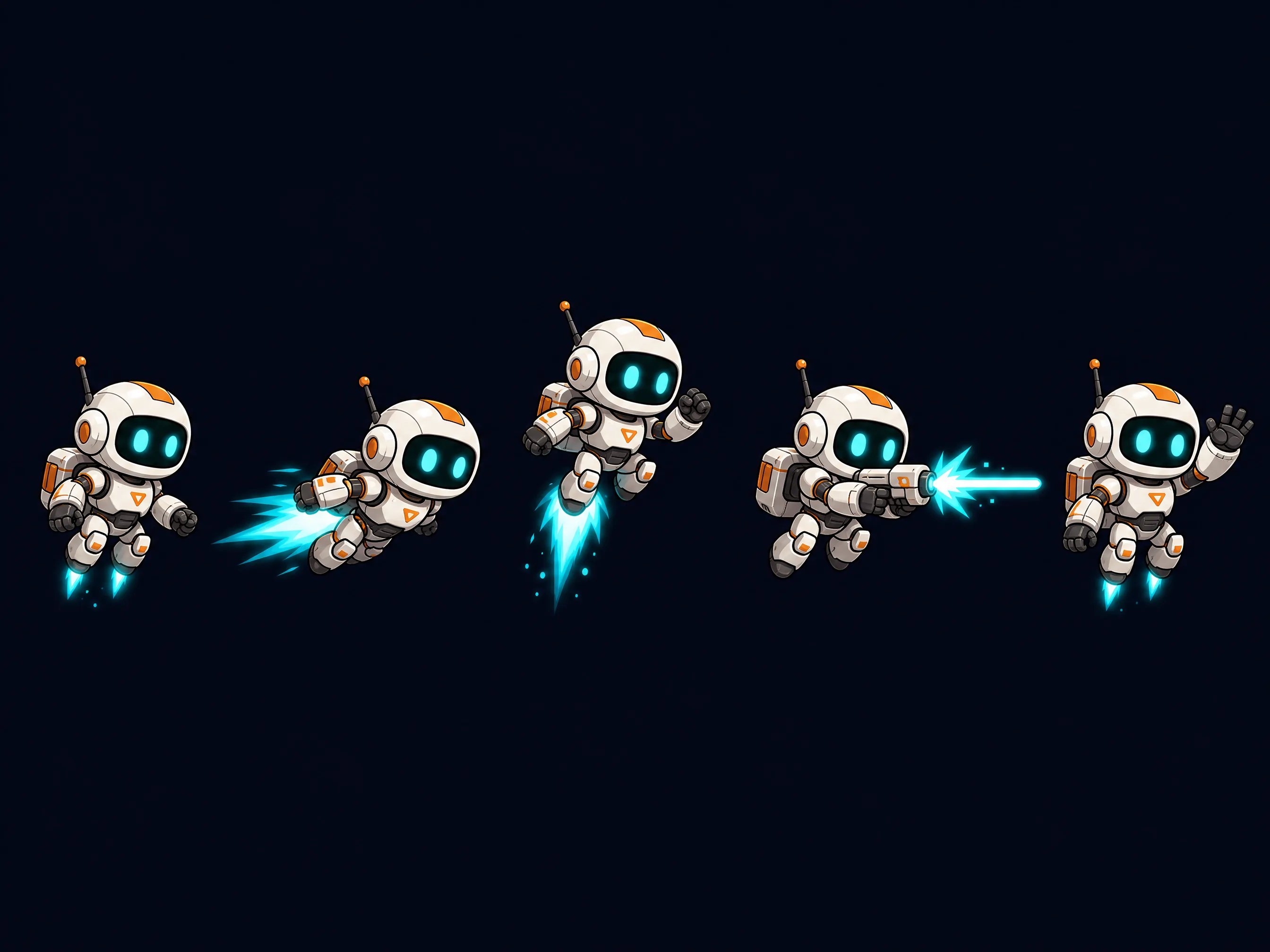 Side-scrolling 2D cartoon robot scout mech action sprite sheet with jumping and laser firing poses