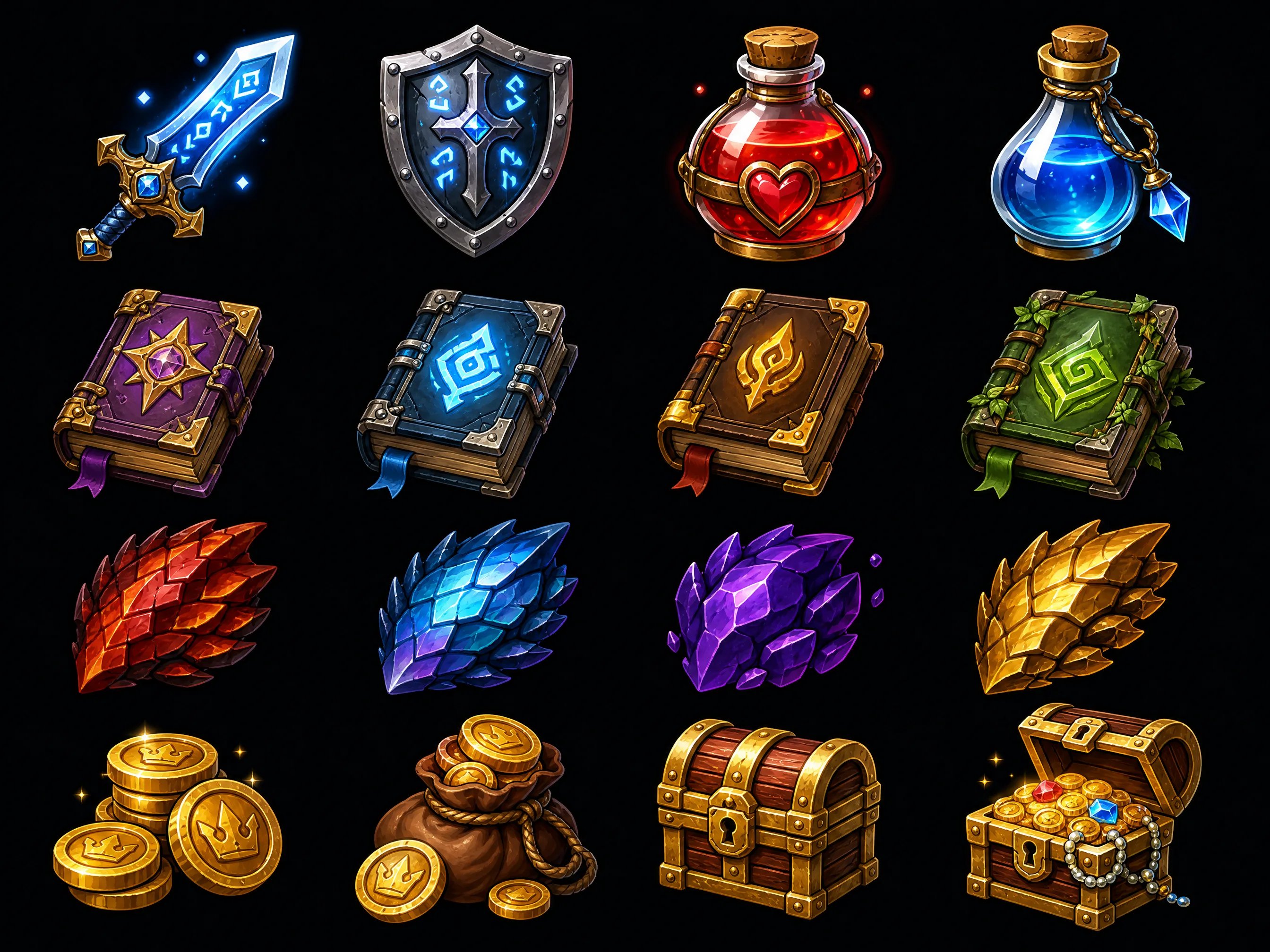 Fantasy RPG inventory sprite sheet grid displaying magical weapons potions and spellbooks