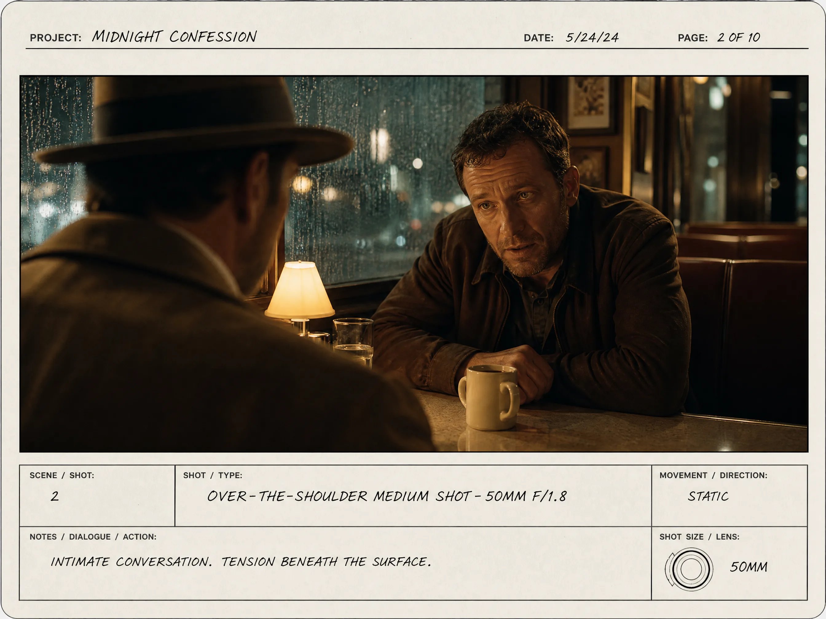 Over-the-shoulder dialogue scene storyboard frame generated with AI