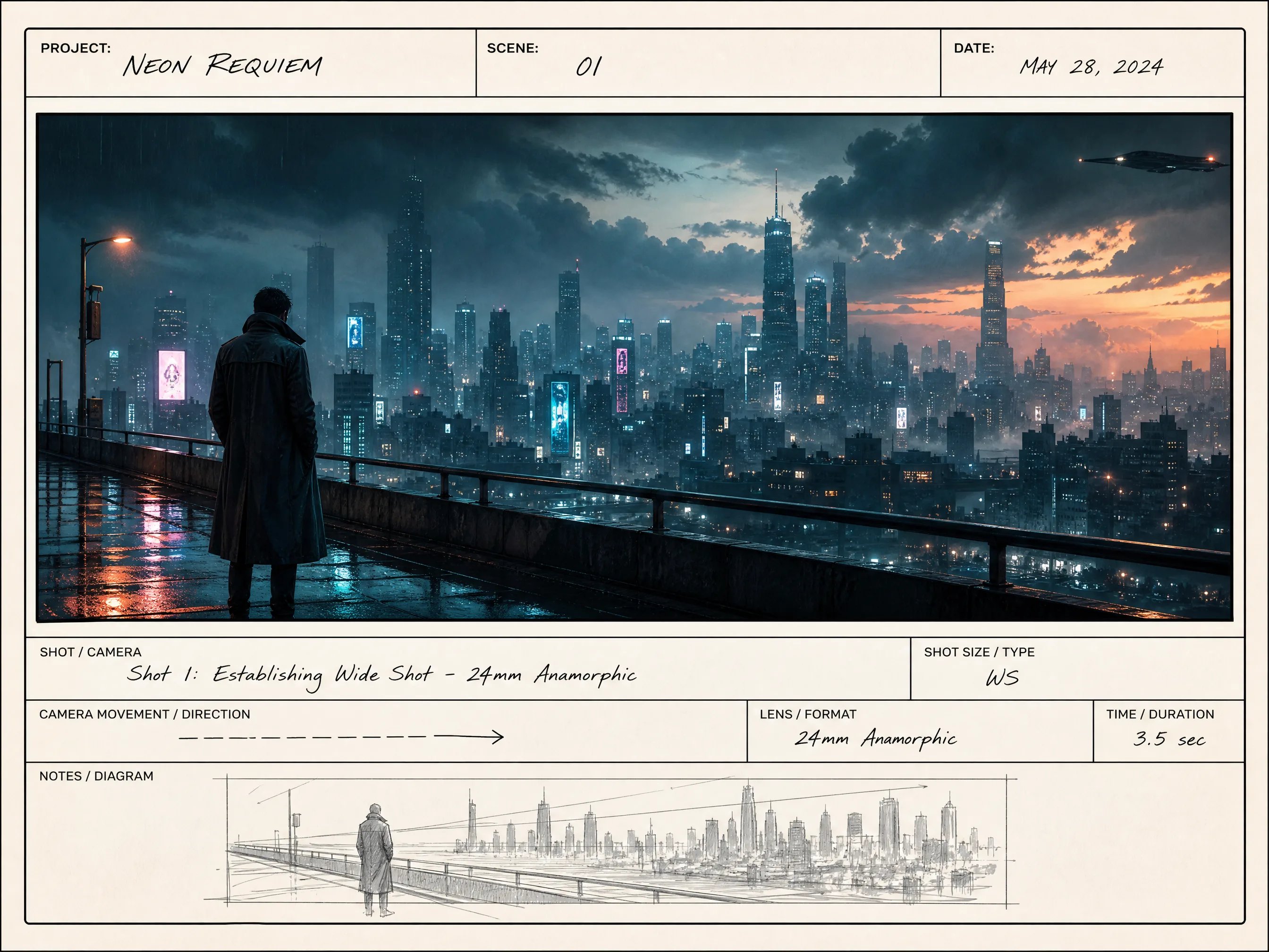 Cinematic establishing shot of cyberpunk city storyboard frame generated with AI