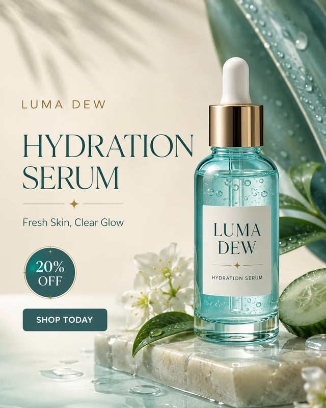 Vertical Instagram-style skincare serum ad with a product bottle, hydration headline, offer badge, and CTA.