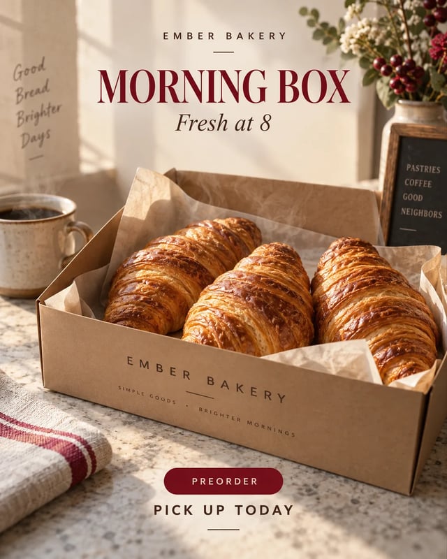 Vertical Instagram-style bakery ad with pastries, warm storefront light, and seasonal offer copy.