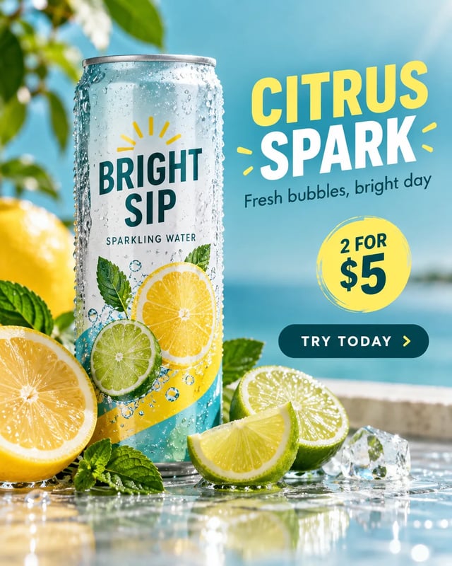 Vertical Instagram-style product ad for a sparkling citrus drink with a can, citrus slices, and offer text.