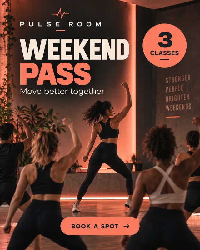 Vertical Instagram-style fitness coaching ad with bold studio lighting and short promotional text.