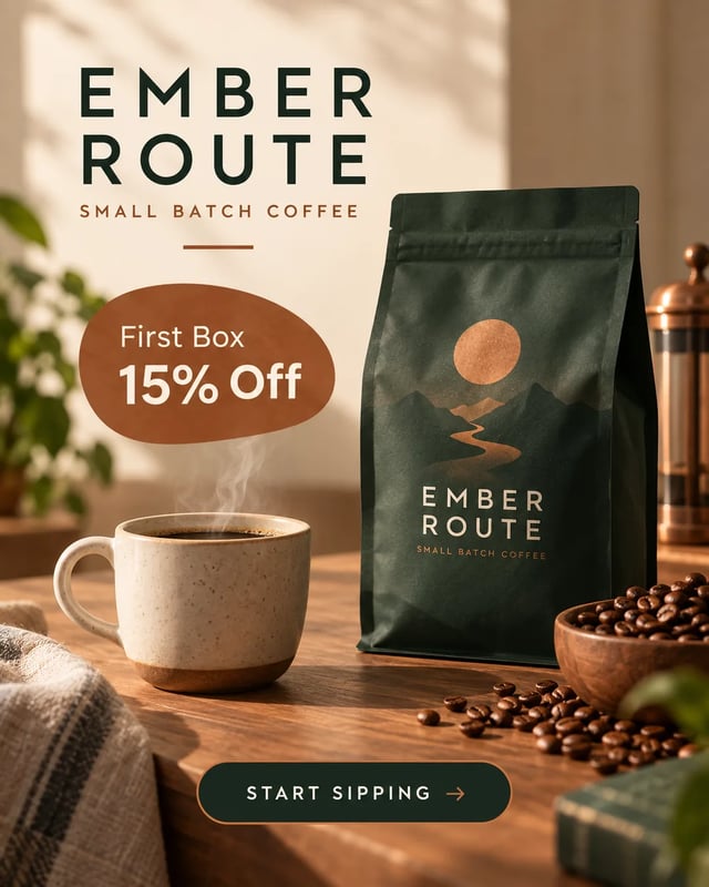 AI-created Instagram ad image for a fictional coffee subscription with a coffee bag, offer badge, and short CTA.