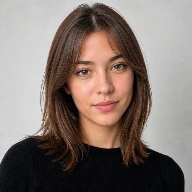 Curtain bangs generated on a portrait — the kind of preview you get