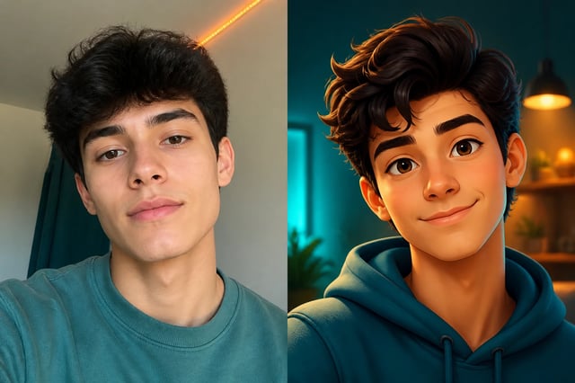 Before and after: a selfie turned into a 3D-animated cartoon